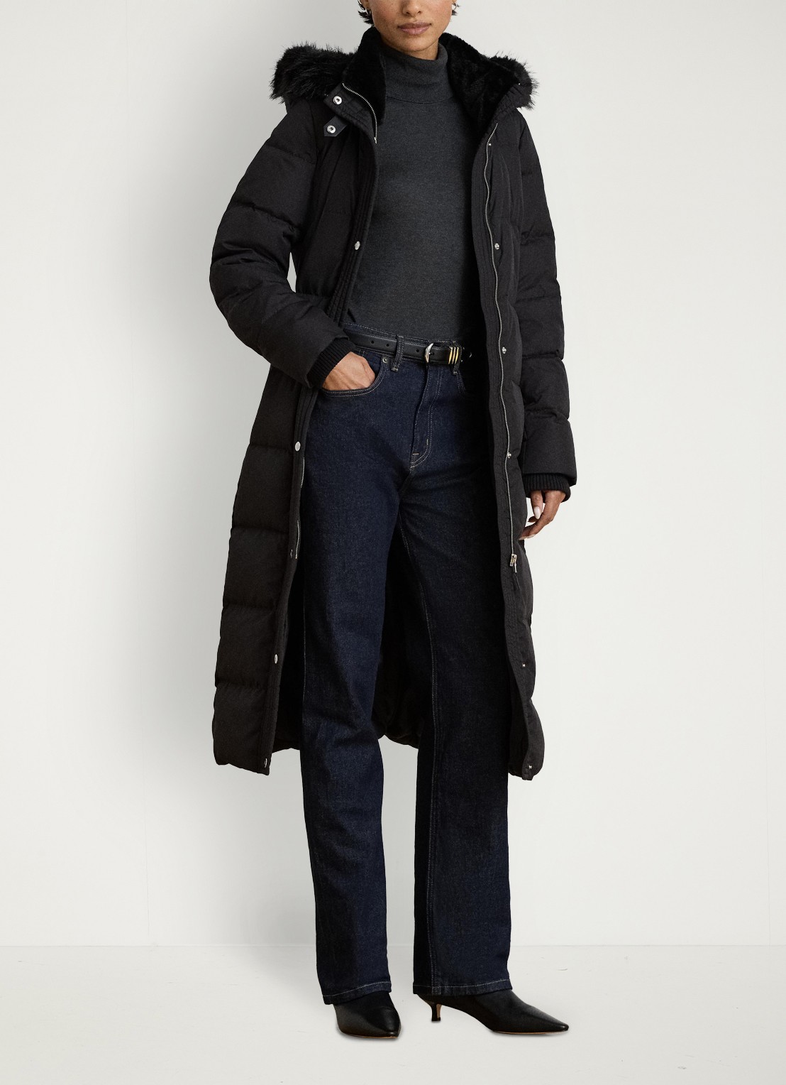 Ralph Lauren Gewatteerde jas met imitatiebont - voorkant 5 zwart