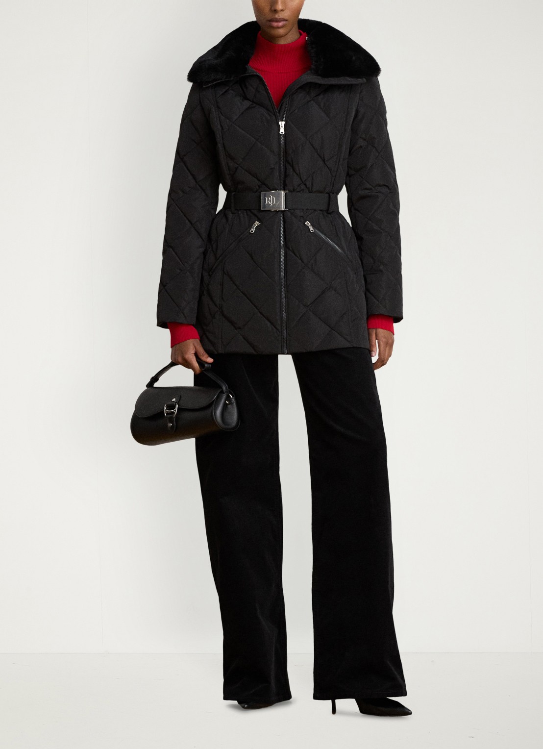 Ralph Lauren Gewatteerde jas met quilt patroon en ceintuur - detail 3 zwart