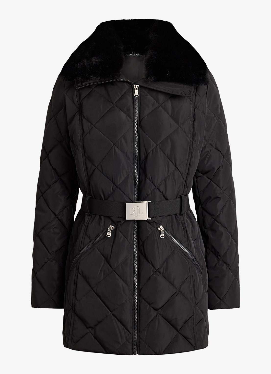 Ralph Lauren Gewatteerde jas met quilt patroon en ceintuur - voorkant zwart