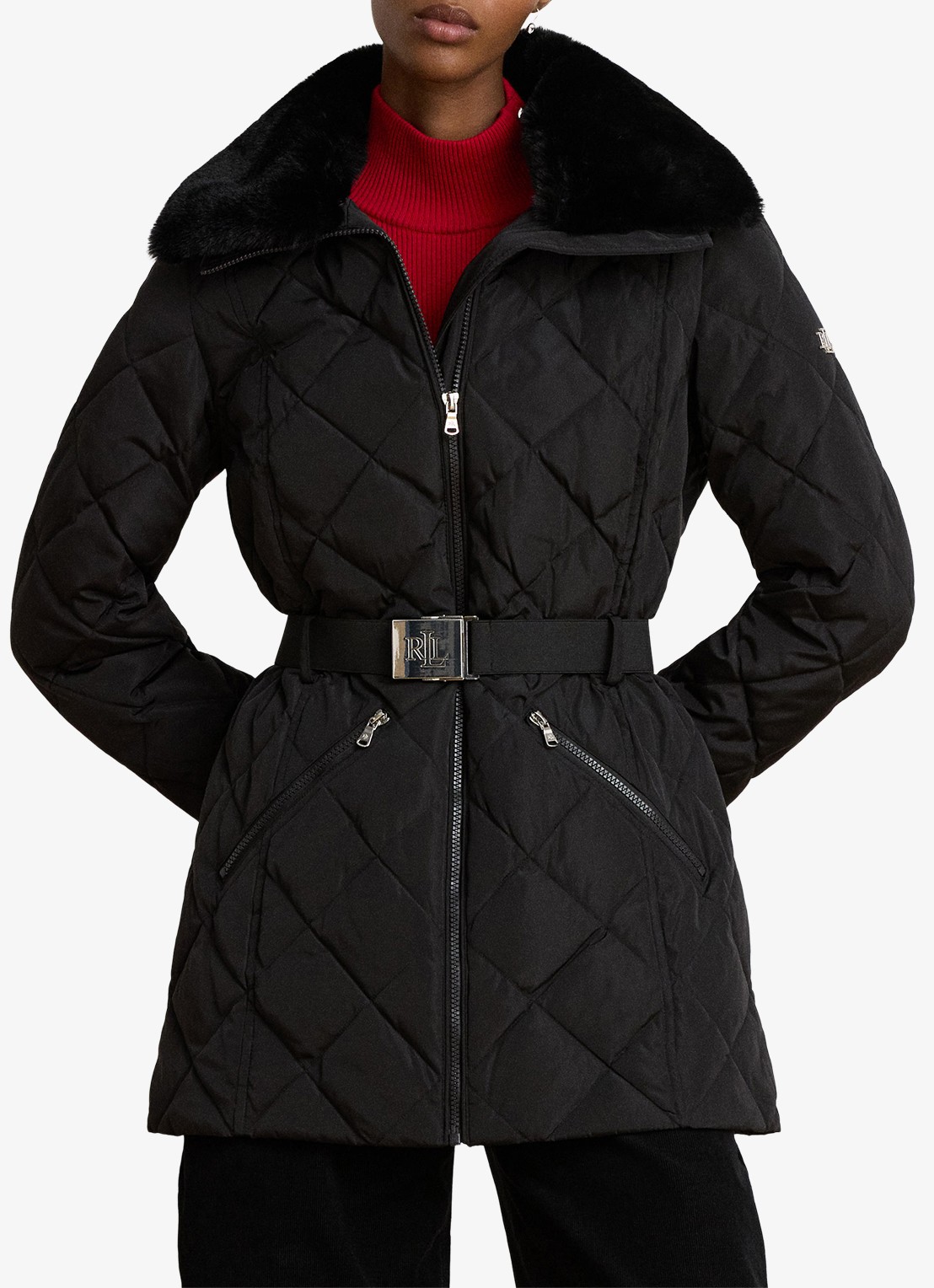 Ralph Lauren Gewatteerde jas met quilt patroon en ceintuur - voorkant 2 zwart