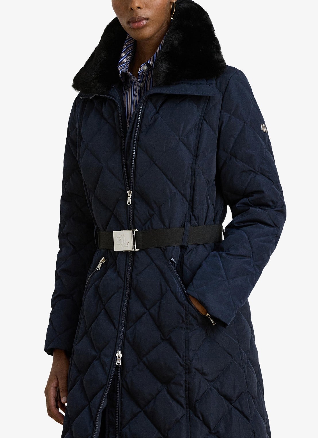 Ralph Lauren Gewatteerde jas met quilt patroon en ceintuur - detail blauw