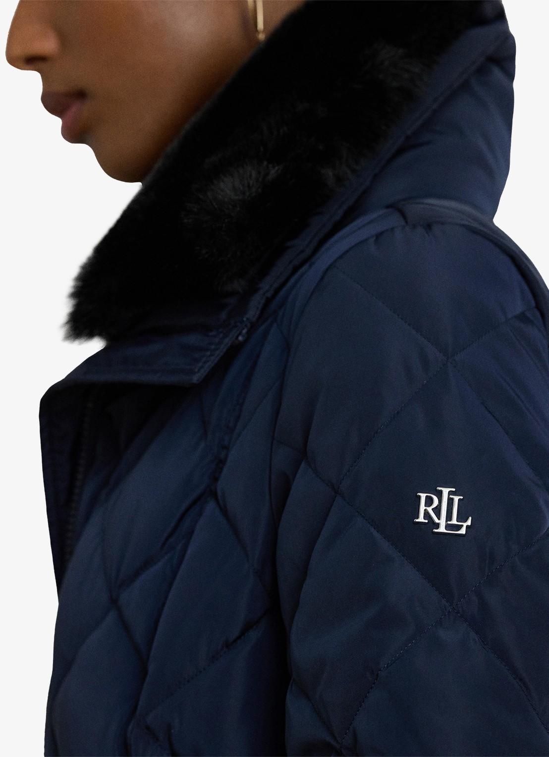 Ralph Lauren Gewatteerde jas met quilt patroon en ceintuur - detail 2 blauw