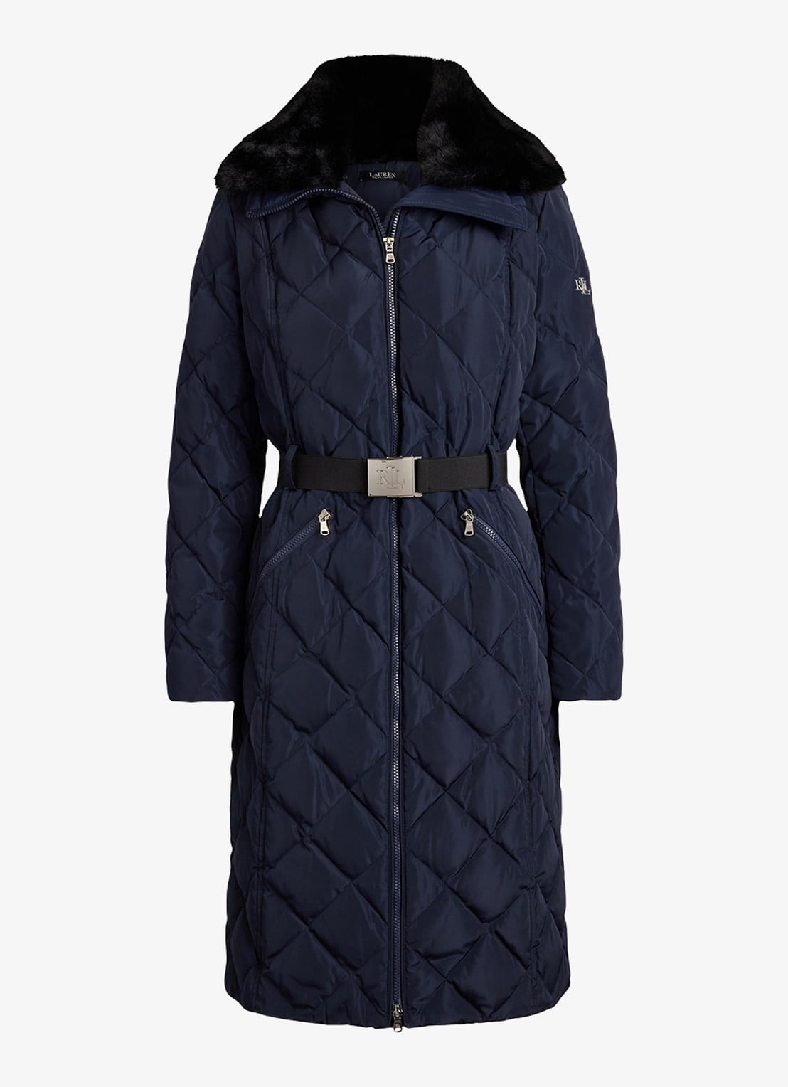 Ralph Lauren Gewatteerde jas met quilt patroon en ceintuur - voorkant 3 blauw