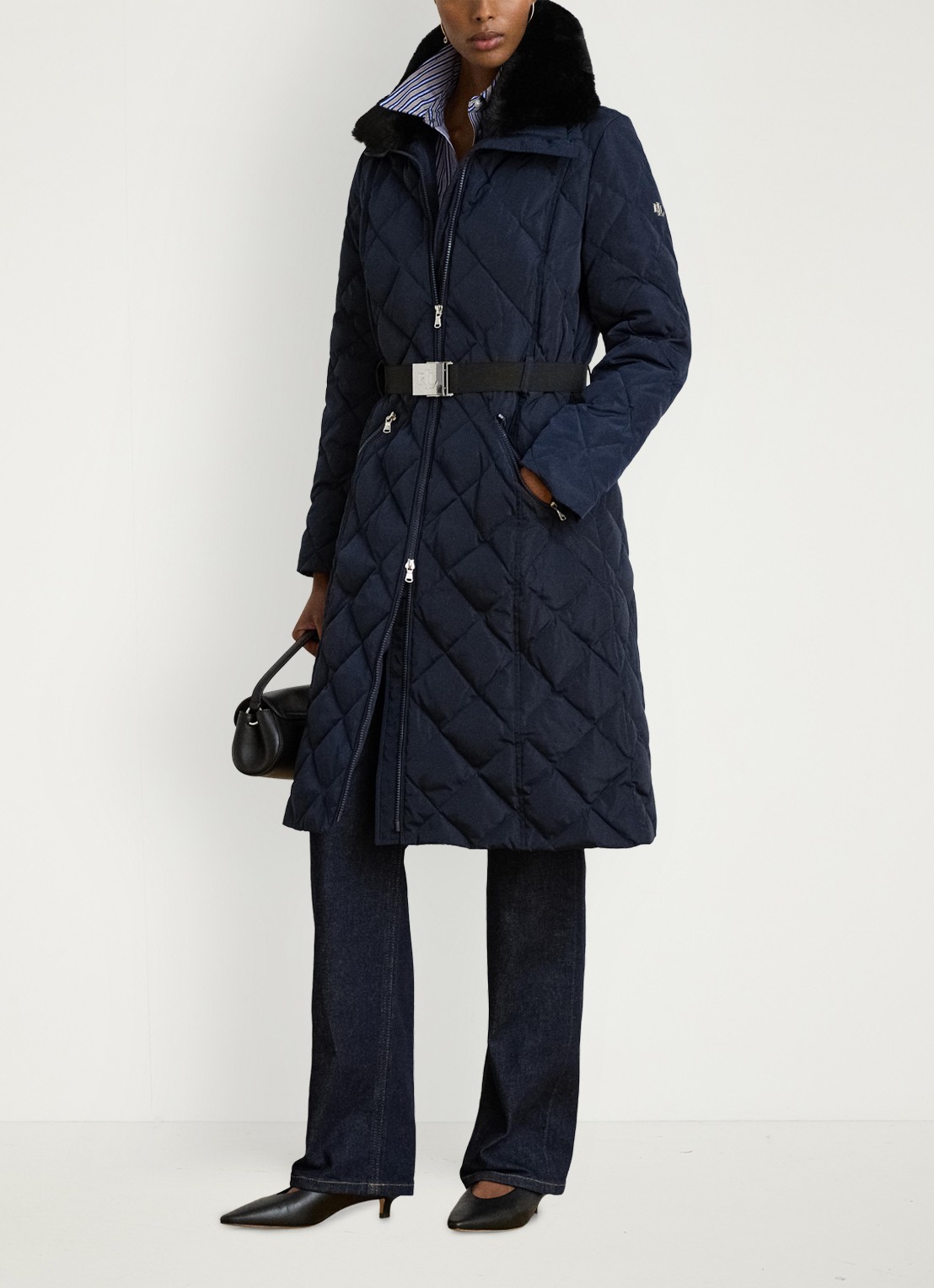 Ralph Lauren Gewatteerde jas met quilt patroon en ceintuur - voorkant 4 blauw