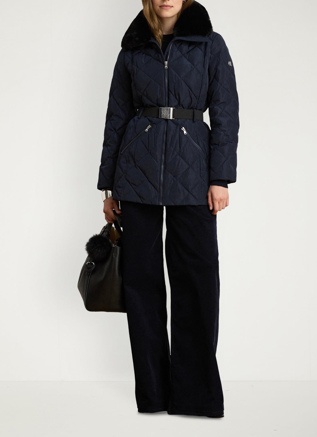 Ralph Lauren Gewatteerde jas met quilt patroon en ceintuur - detail blauw