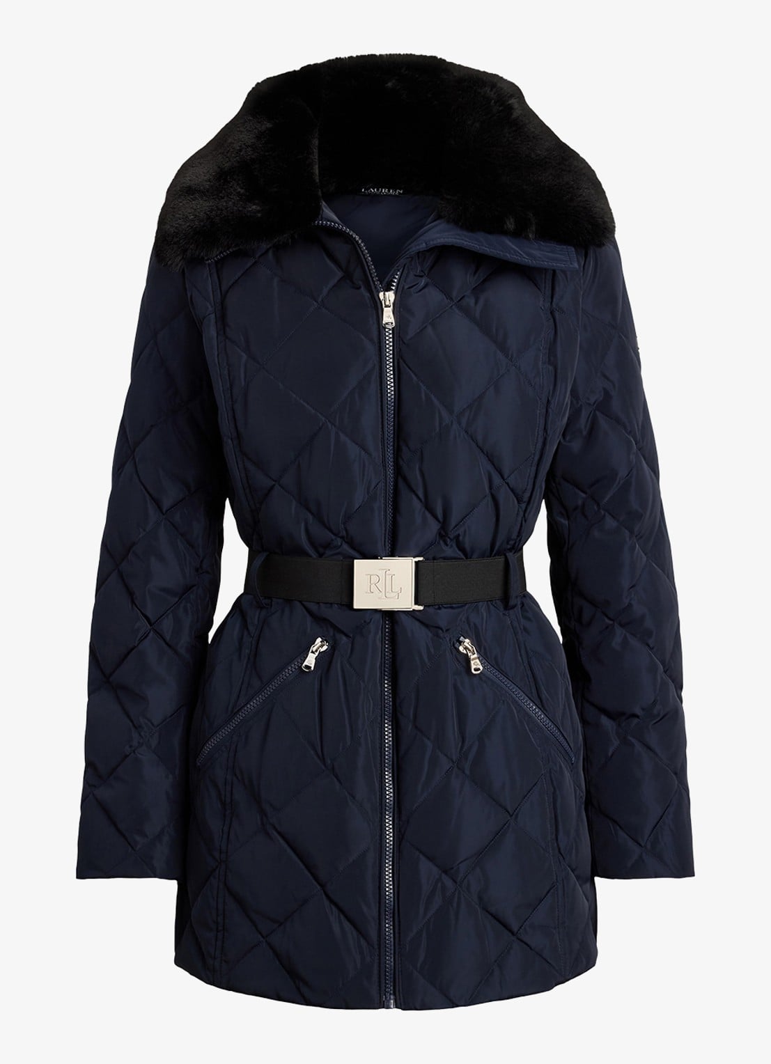Ralph Lauren Gewatteerde jas met quilt patroon en ceintuur - voorkant 3 blauw