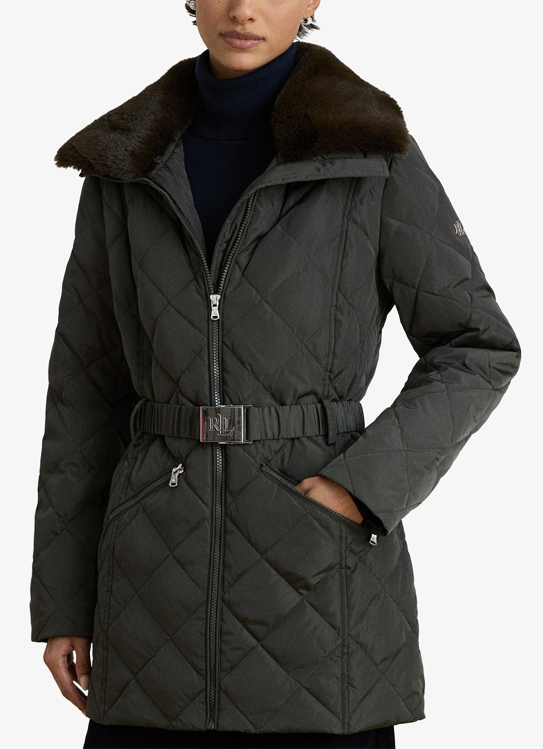 Ralph Lauren Gewatteerde jas met quilt patroon en ceintuur - detail dark moss / groen