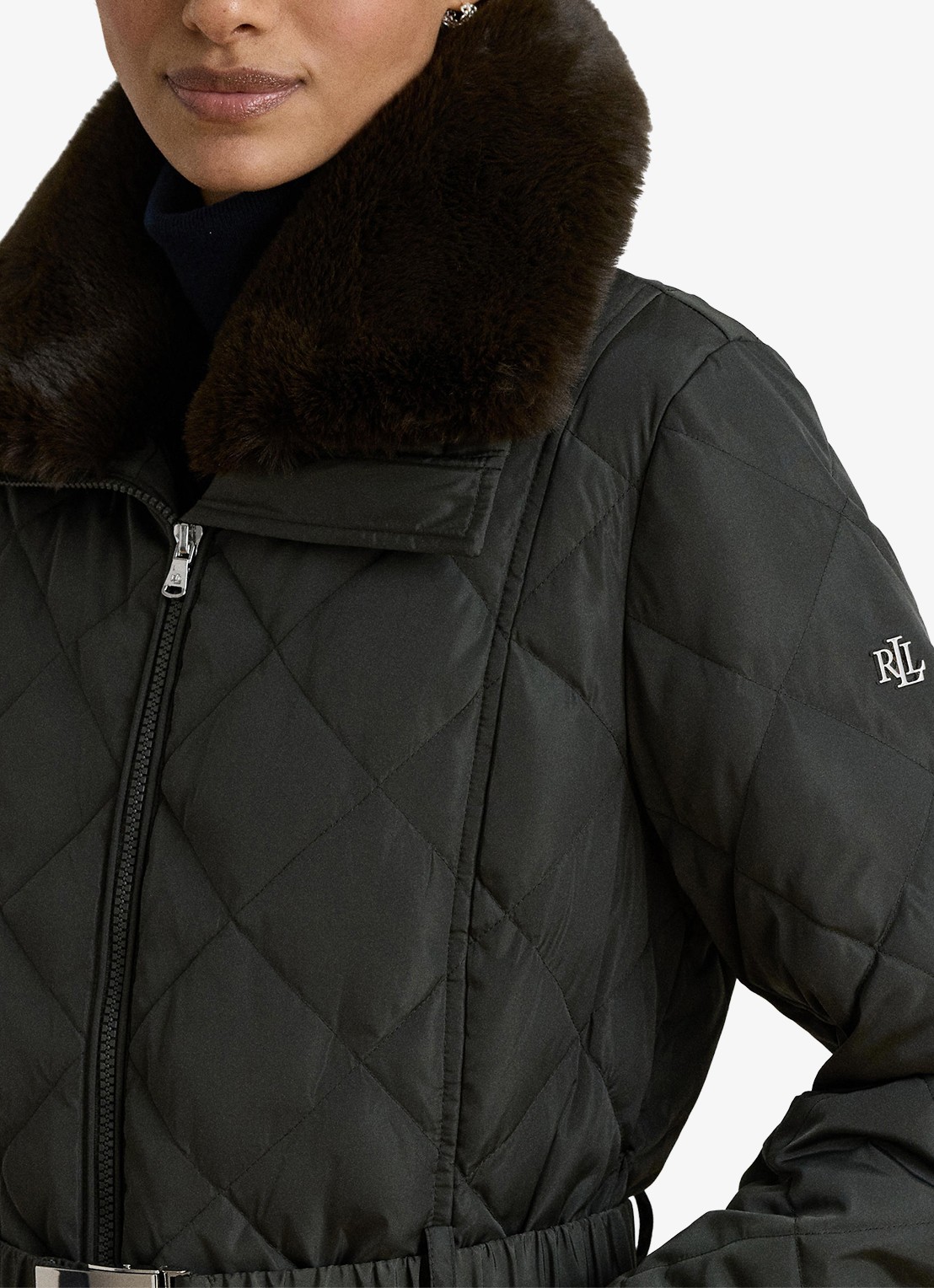 Ralph Lauren Gewatteerde jas met quilt patroon en ceintuur - detail 2 dark moss / groen