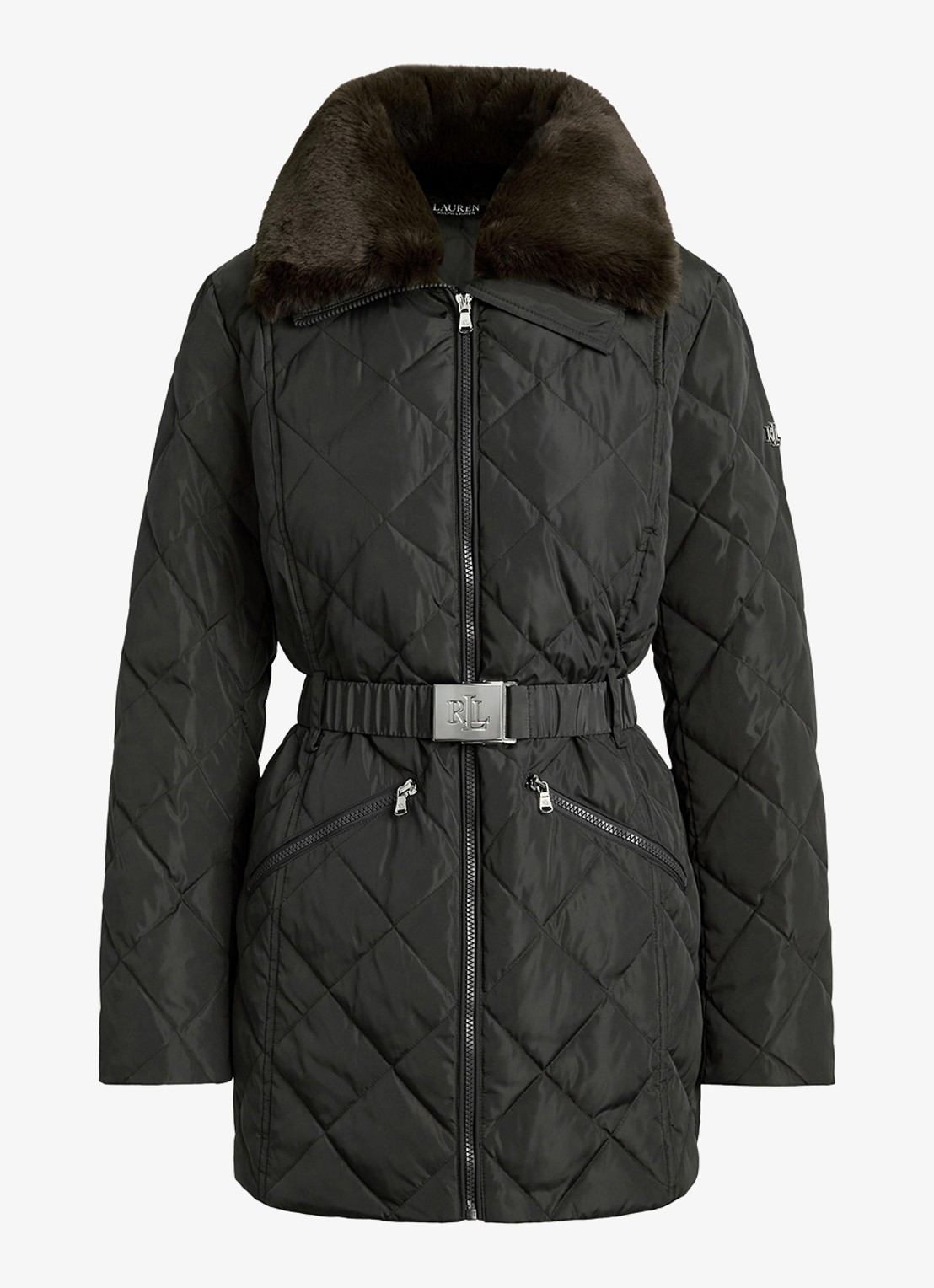 Ralph Lauren Gewatteerde jas met quilt patroon en ceintuur - voorkant 4 dark moss / groen