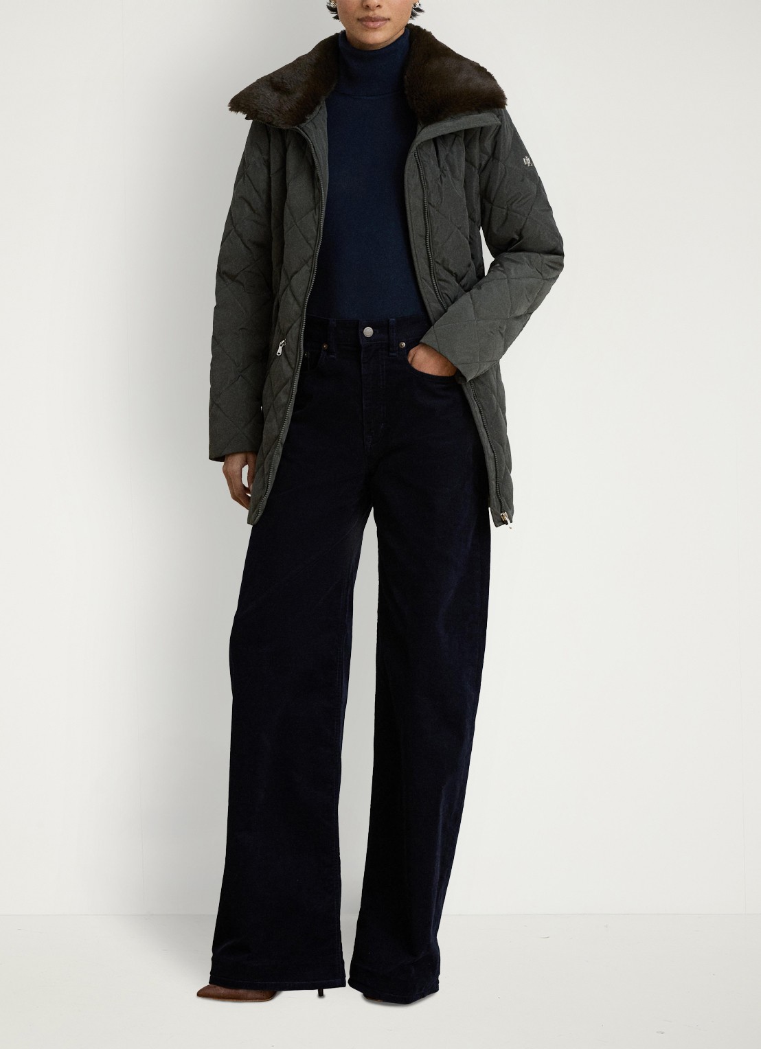 Ralph Lauren Gewatteerde jas met quilt patroon en ceintuur - voorkant 5 dark moss / groen