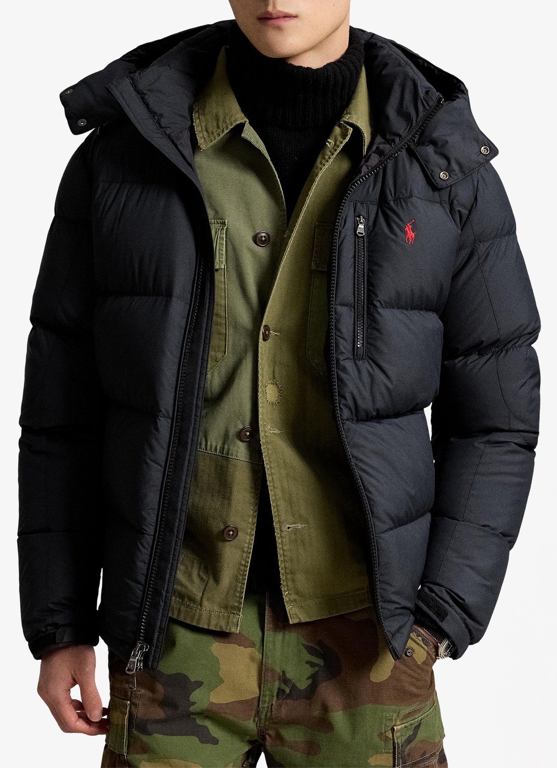 Ralph Lauren Gorham puffer jack met donsvulling en ritszakken - voorkant 2 polo black / zwart