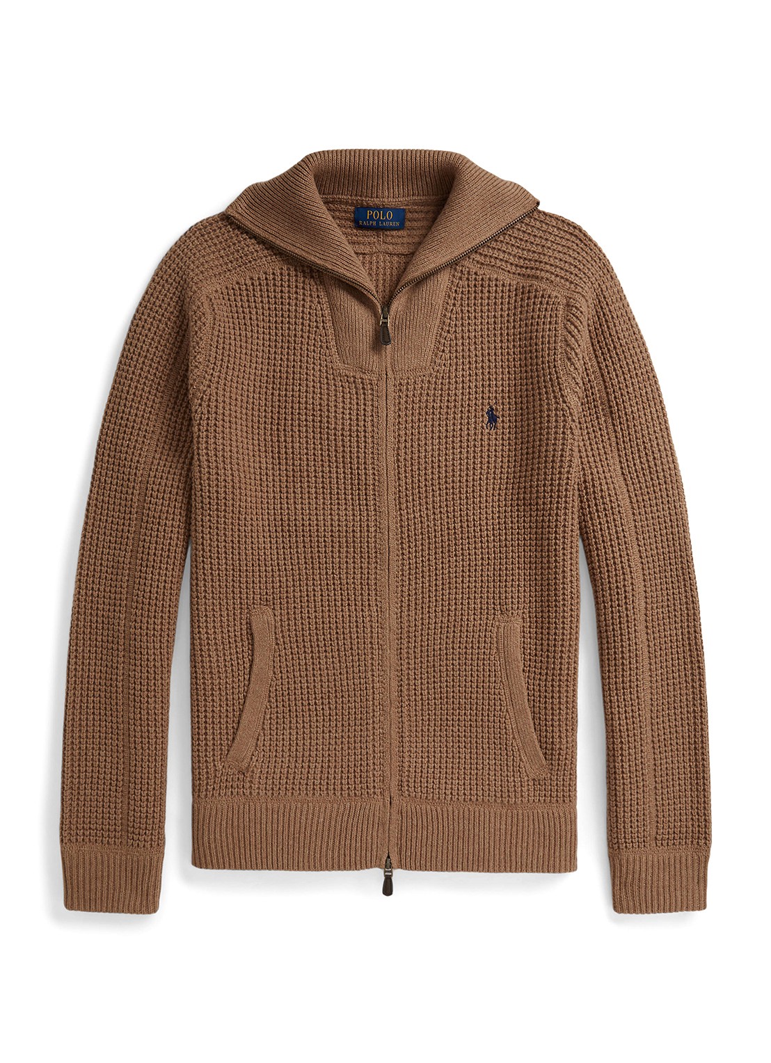 Ralph Lauren Grofgebreid vest in wolblend met logoborduring - voorkant 2 brown sugar melange / bruin