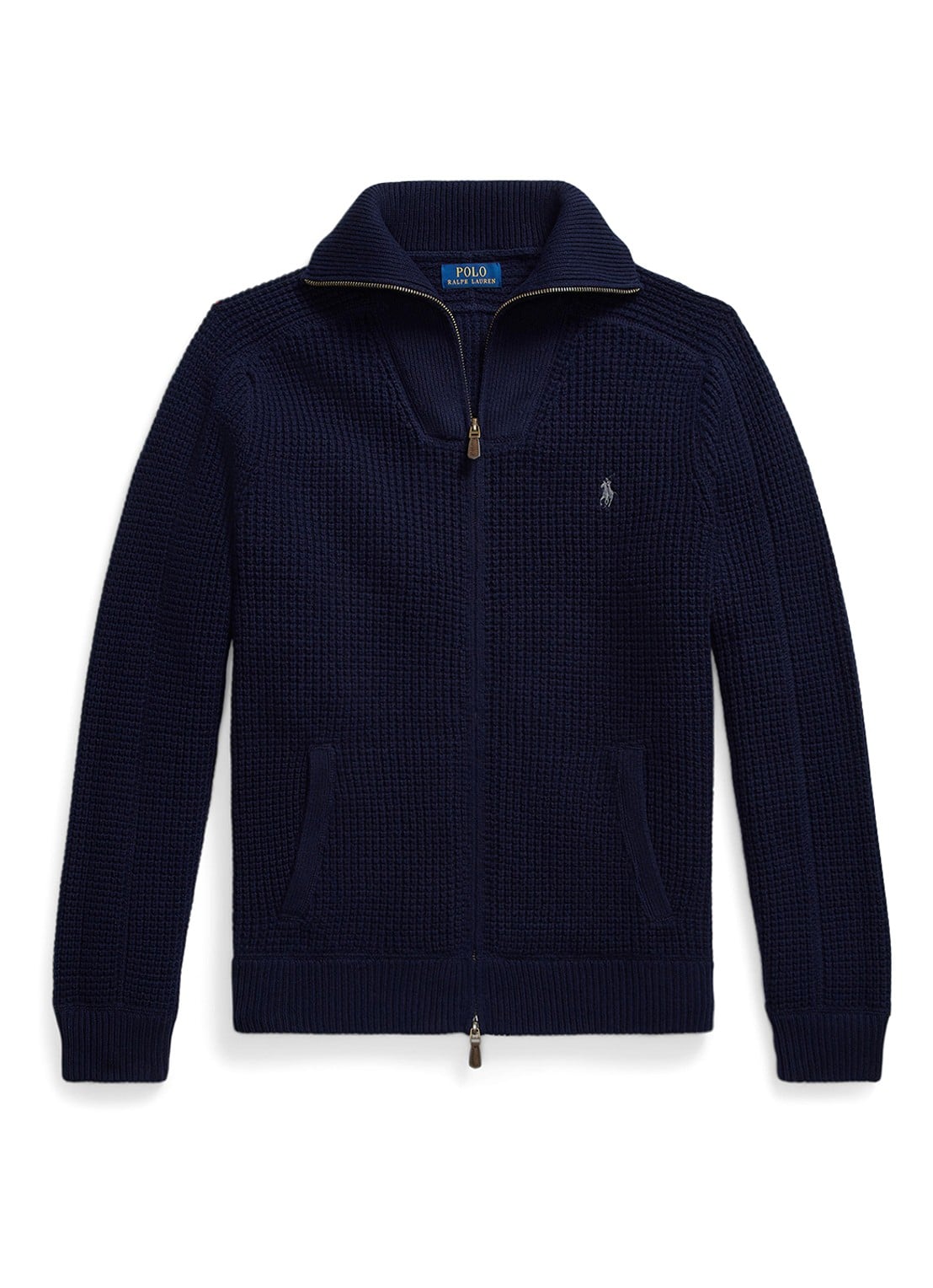 Ralph Lauren Grofgebreid vest in wolblend met logoborduring - voorkant donkerblauw