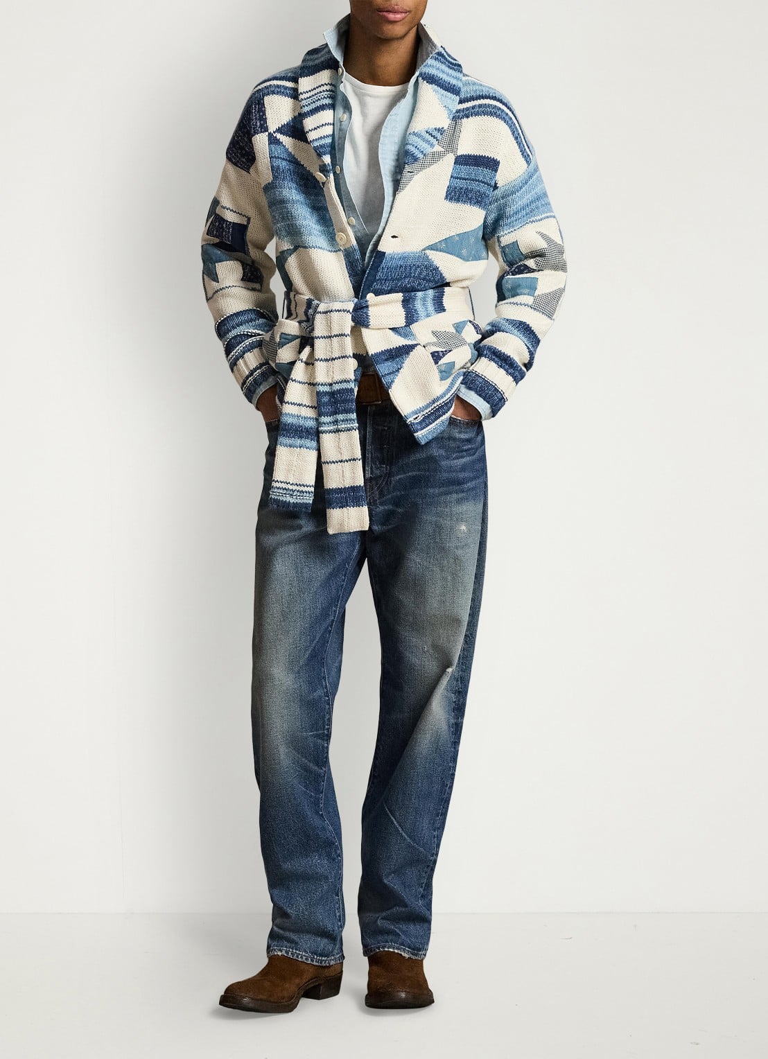 Ralph Lauren Grofgebreid vest met ingebreid patroon en strikceintuur - detail 2 cream blue combo / blauw