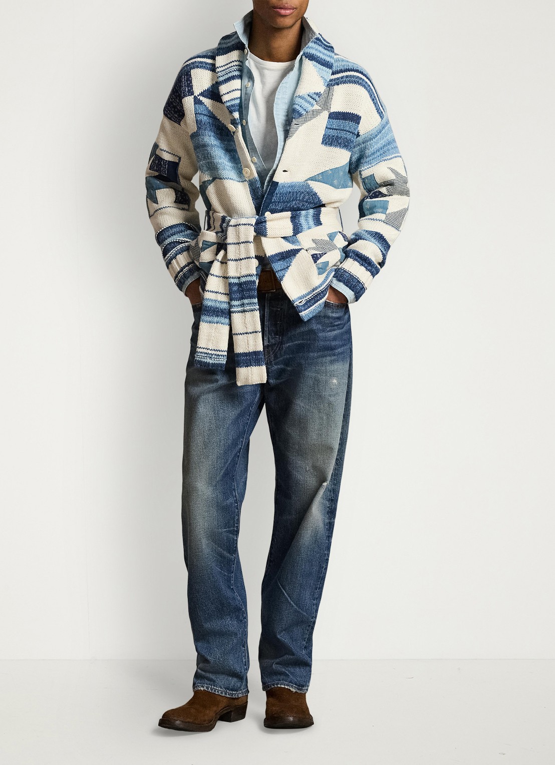 Ralph Lauren Grofgebreid vest met ingebreid patroon en strikceintuur - detail 3 cream blue combo / blauw