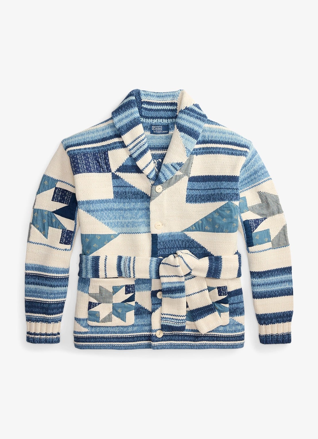 Ralph Lauren Grofgebreid vest met ingebreid patroon en strikceintuur - voorkant 5 cream blue combo / blauw
