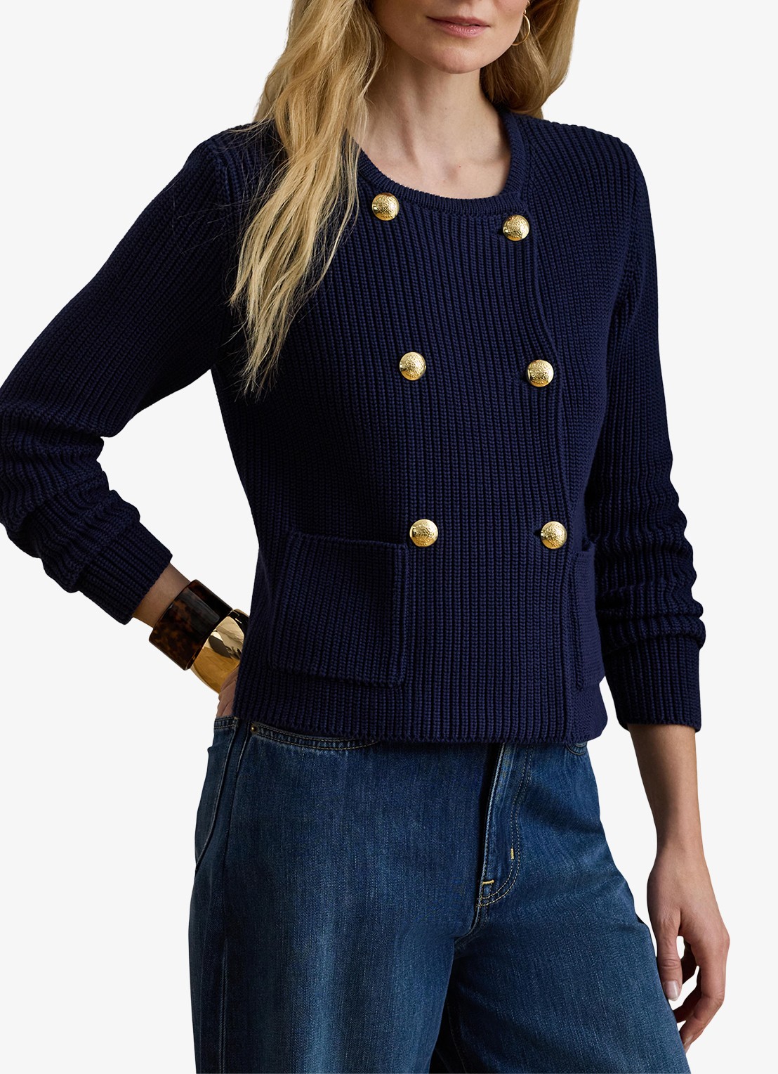 Ralph Lauren Grofgebreid vest met paspelzakken - detail refined navy / donkerblauw
