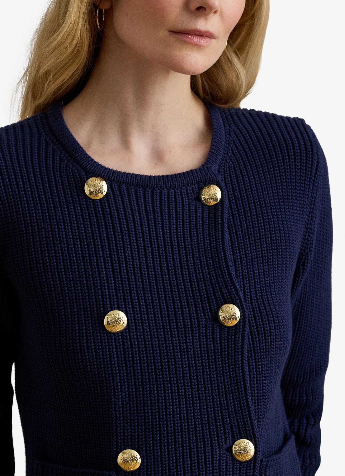 Ralph Lauren Grofgebreid vest met paspelzakken - detail 2 refined navy / donkerblauw
