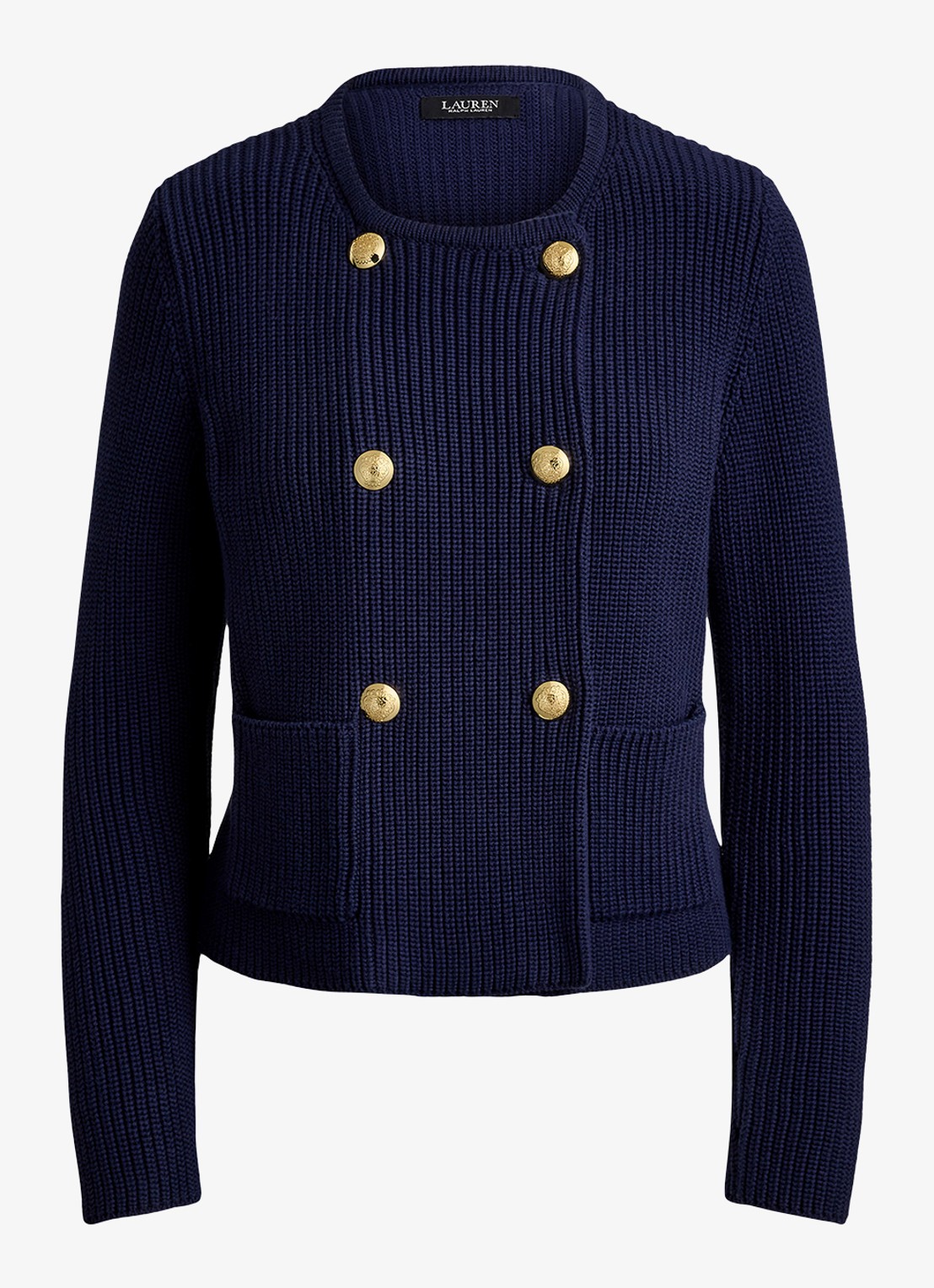 Ralph Lauren Grofgebreid vest met paspelzakken - voorkant 4 refined navy / donkerblauw