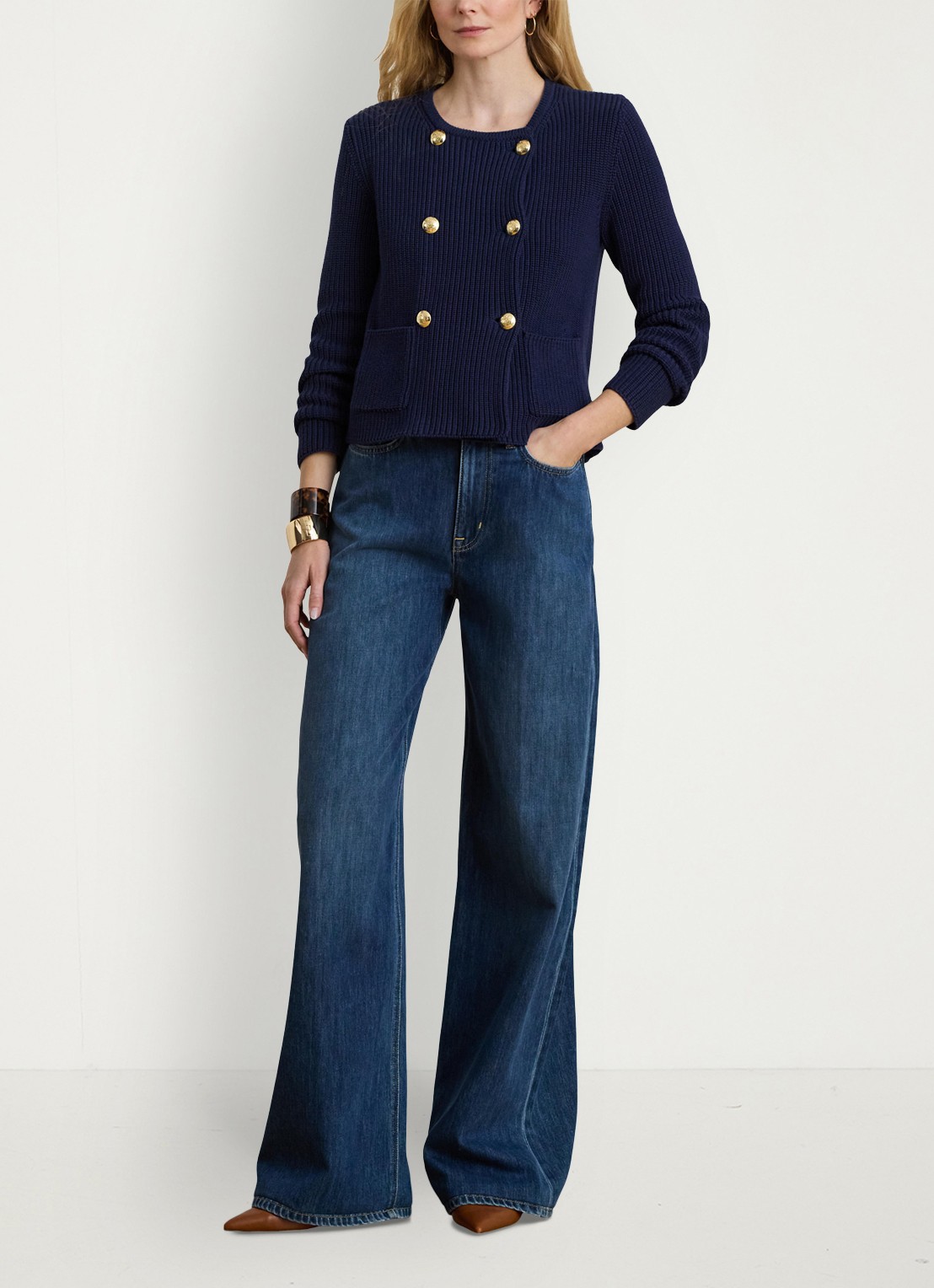 Ralph Lauren Grofgebreid vest met paspelzakken - voorkant 5 refined navy / donkerblauw