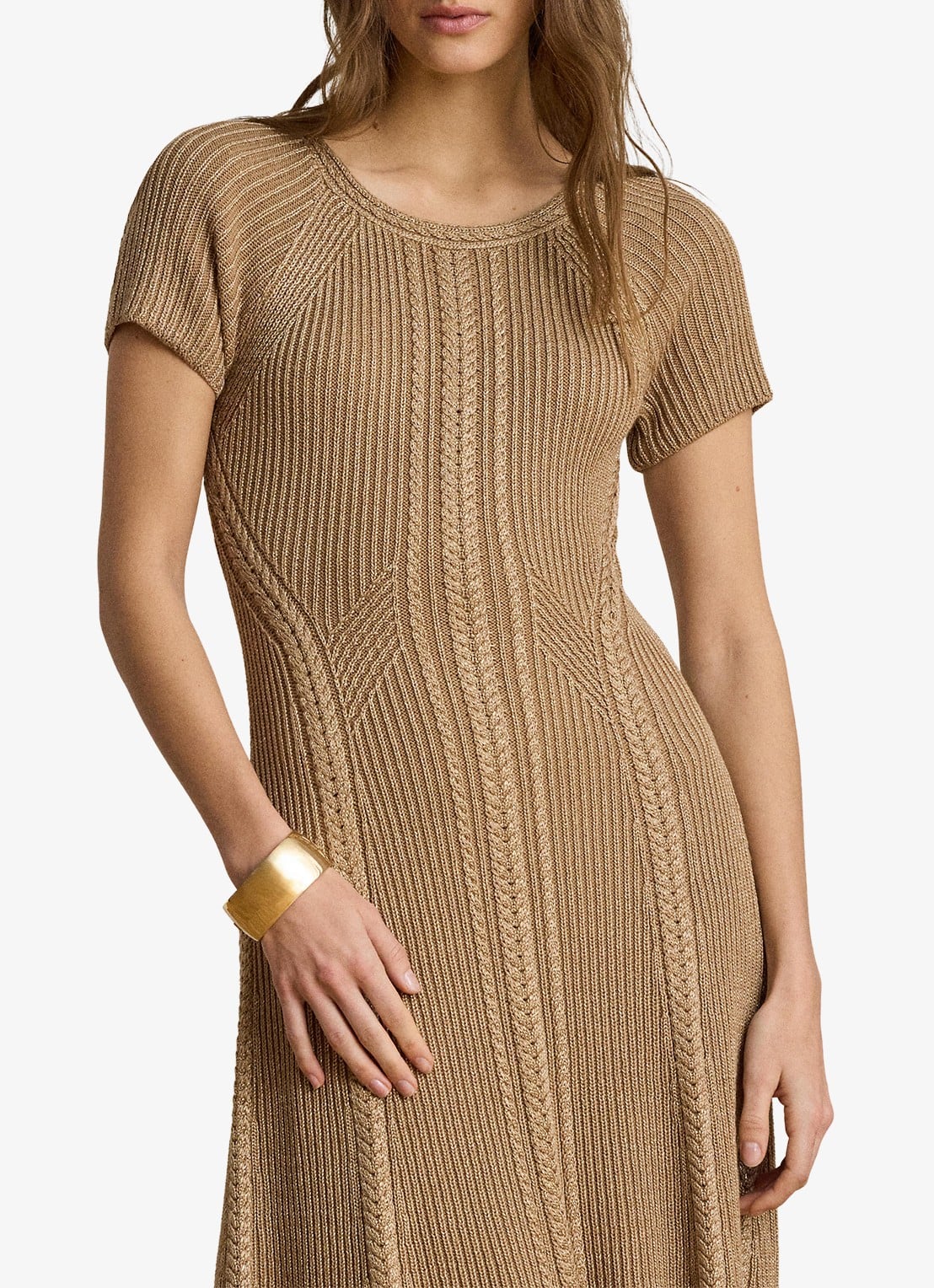 Ralph Lauren Grofgebreide midi jurk met lurex - detail 4 lauren gold metallic / beige