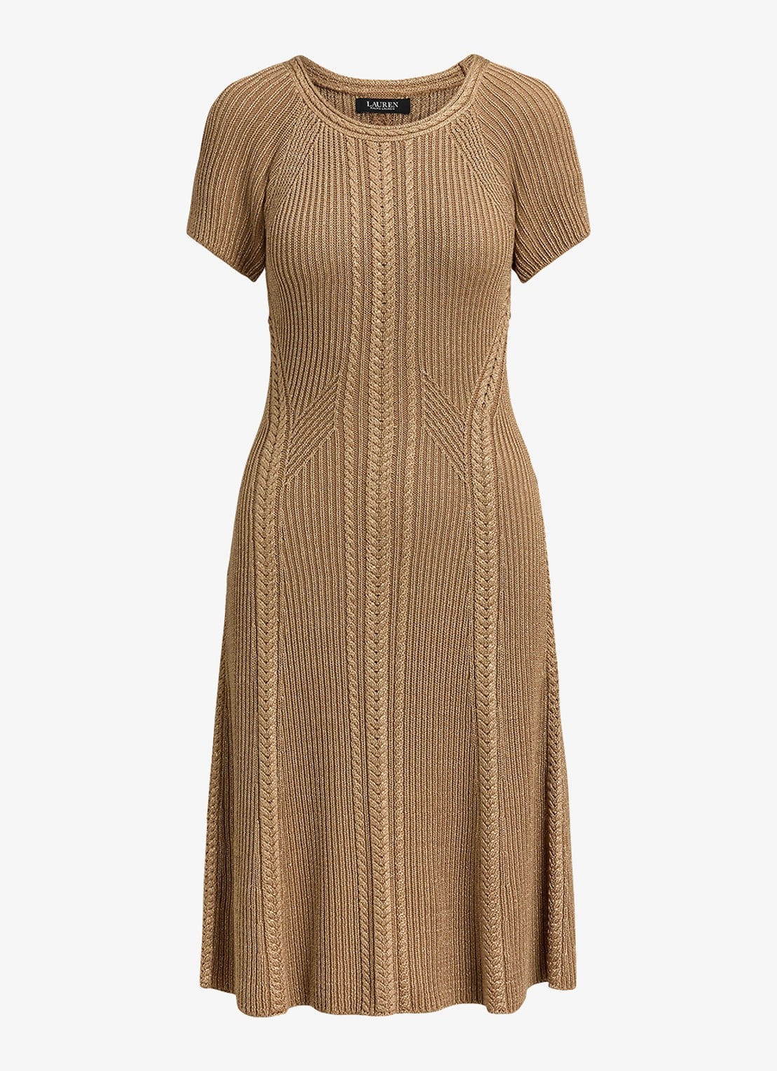 Ralph Lauren Grofgebreide midi jurk met lurex - voorkant lauren gold metallic / beige