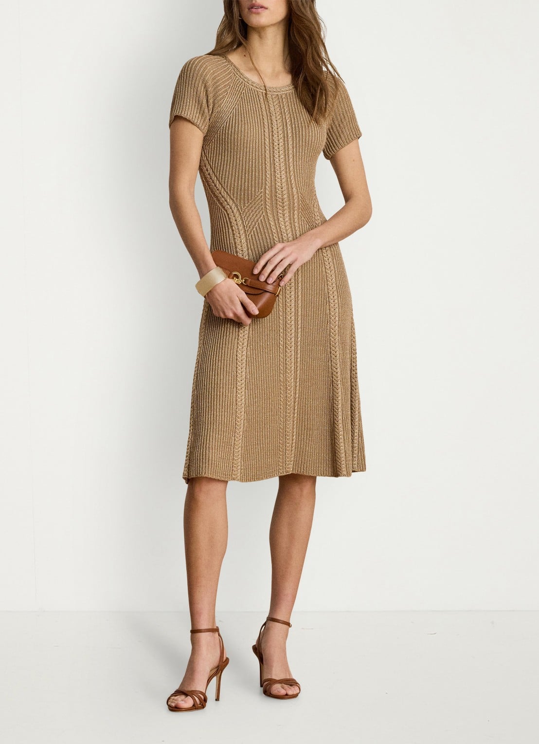 Ralph Lauren Grofgebreide midi jurk met lurex - voorkant 2 lauren gold metallic / beige