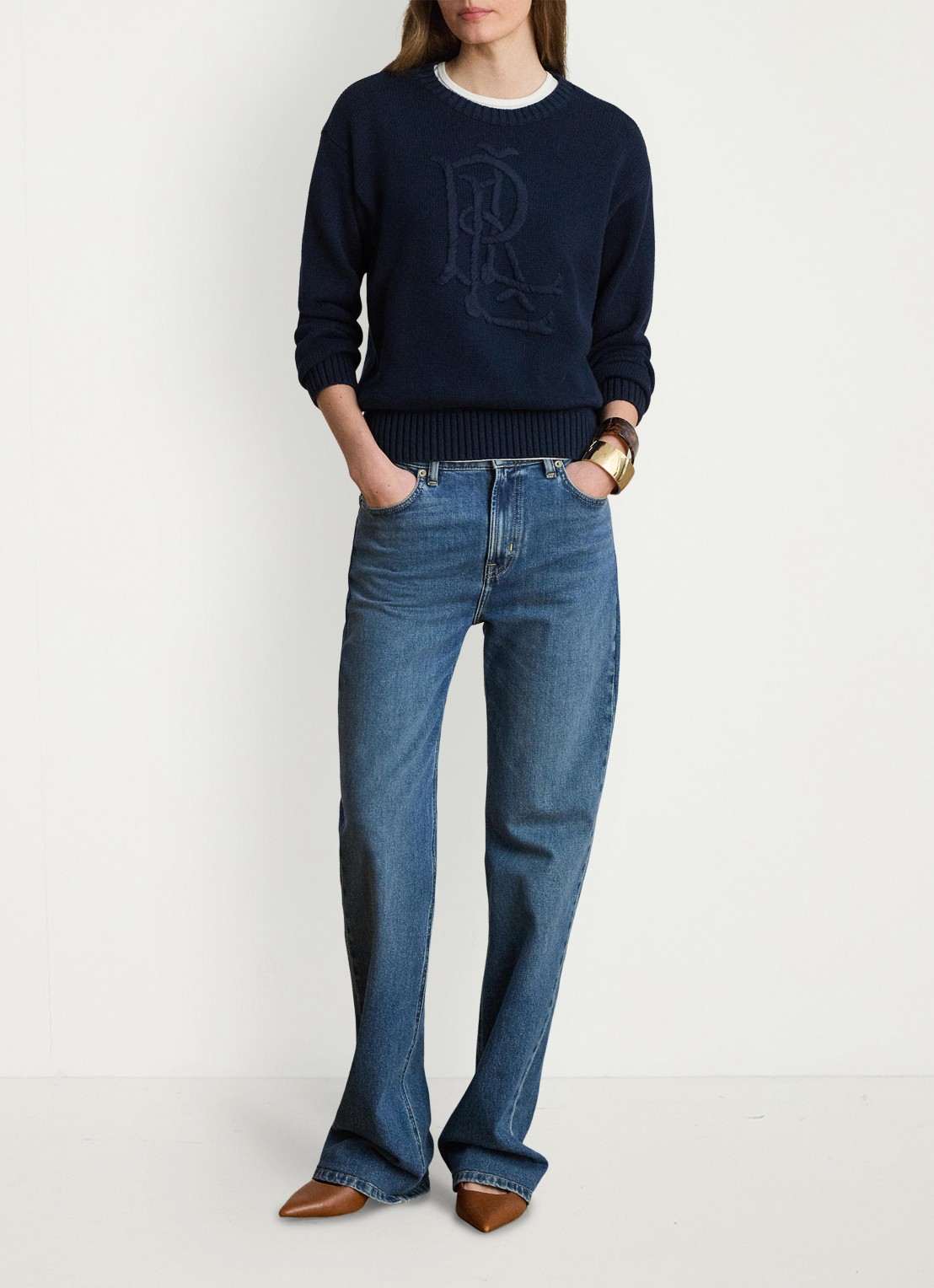 Ralph Lauren Grofgebreide pullover met logoborduring - voorkant 2 lauren navy / blauw