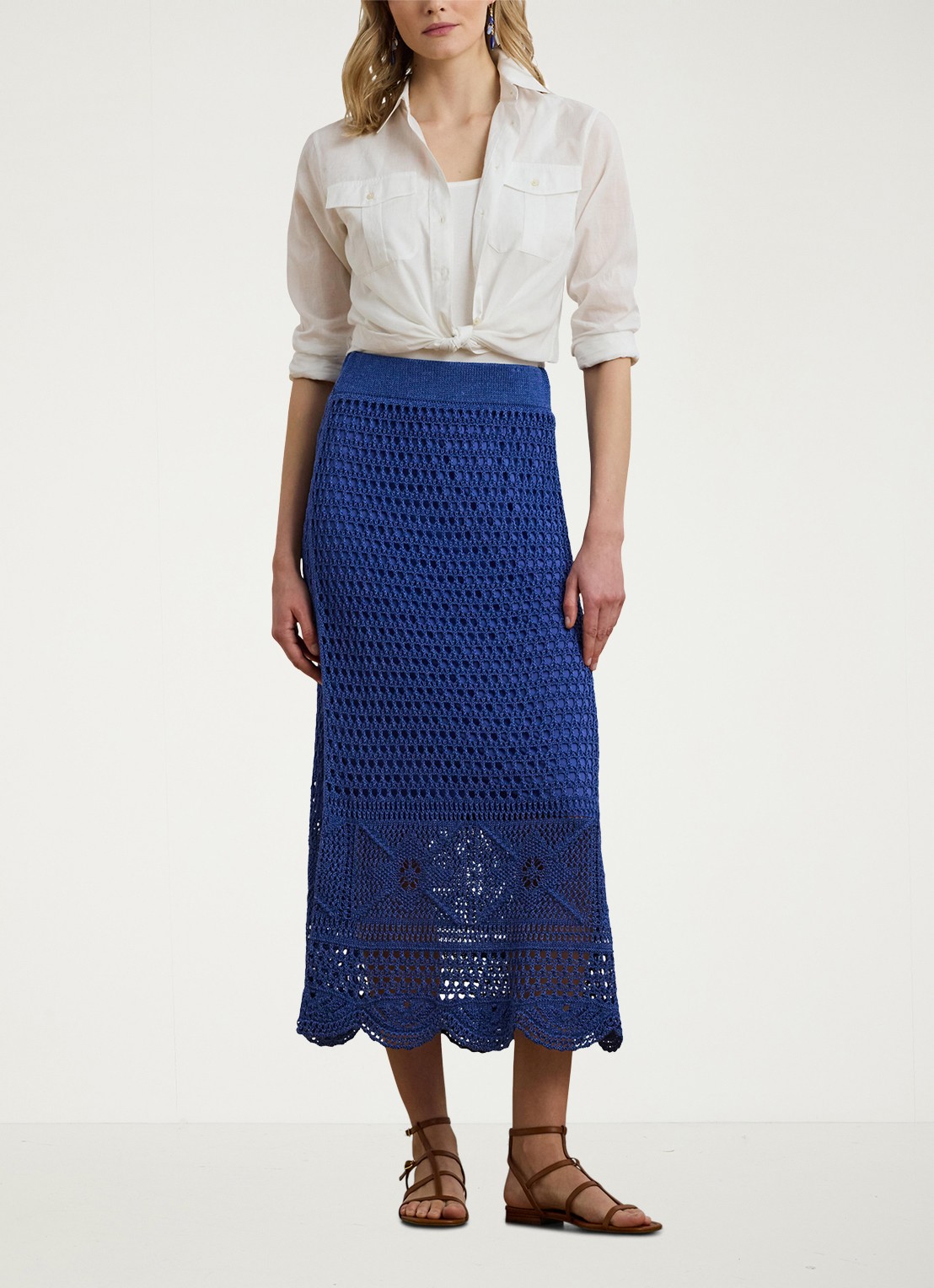 Ralph Lauren Grofgebreide rok met opengewerkt dessin - voorkant 3 blauw
