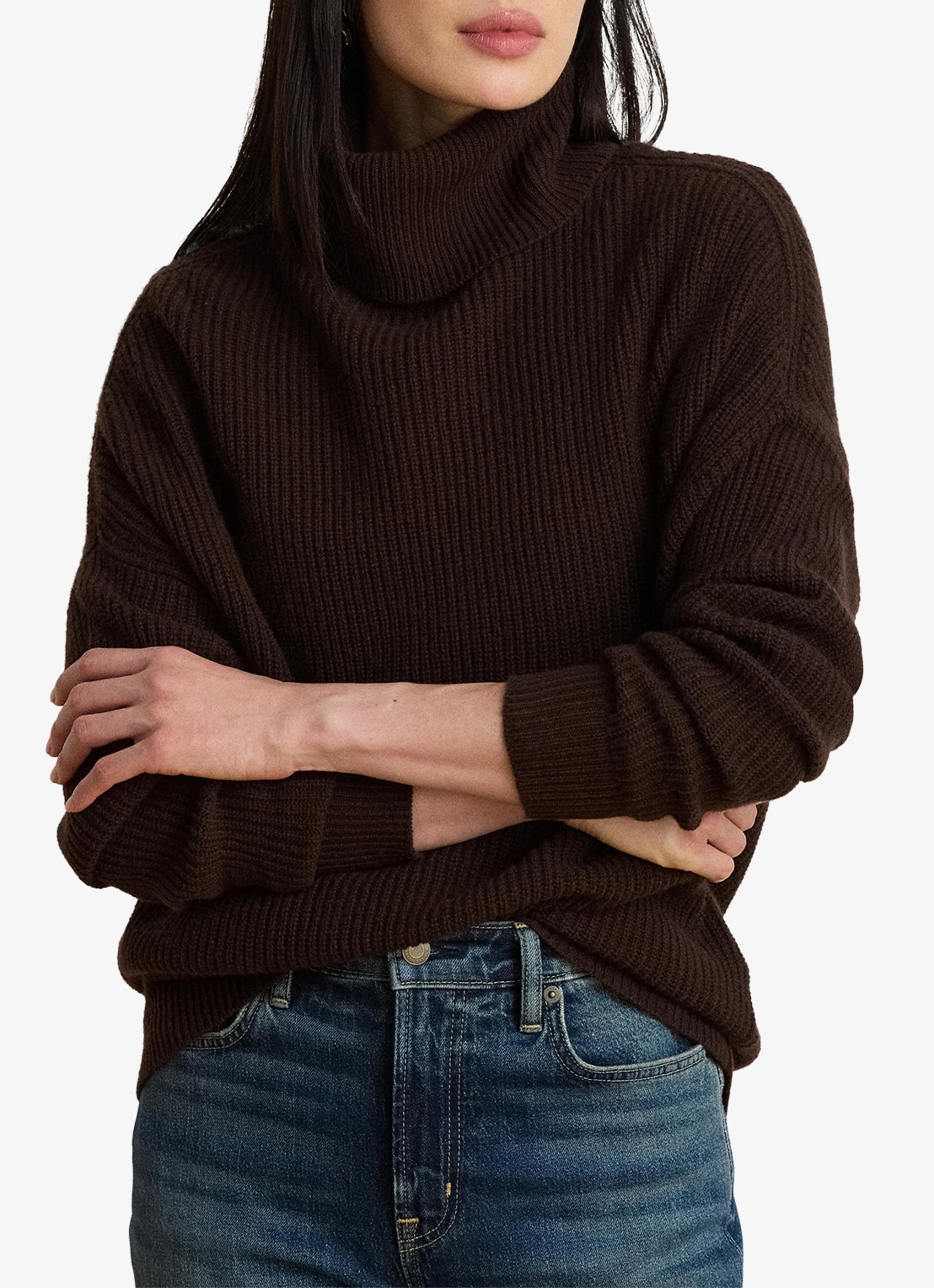Ralph Lauren Grofgebreide trui in kasjmierblend met col - voorkant 4 circuit brown / bruin