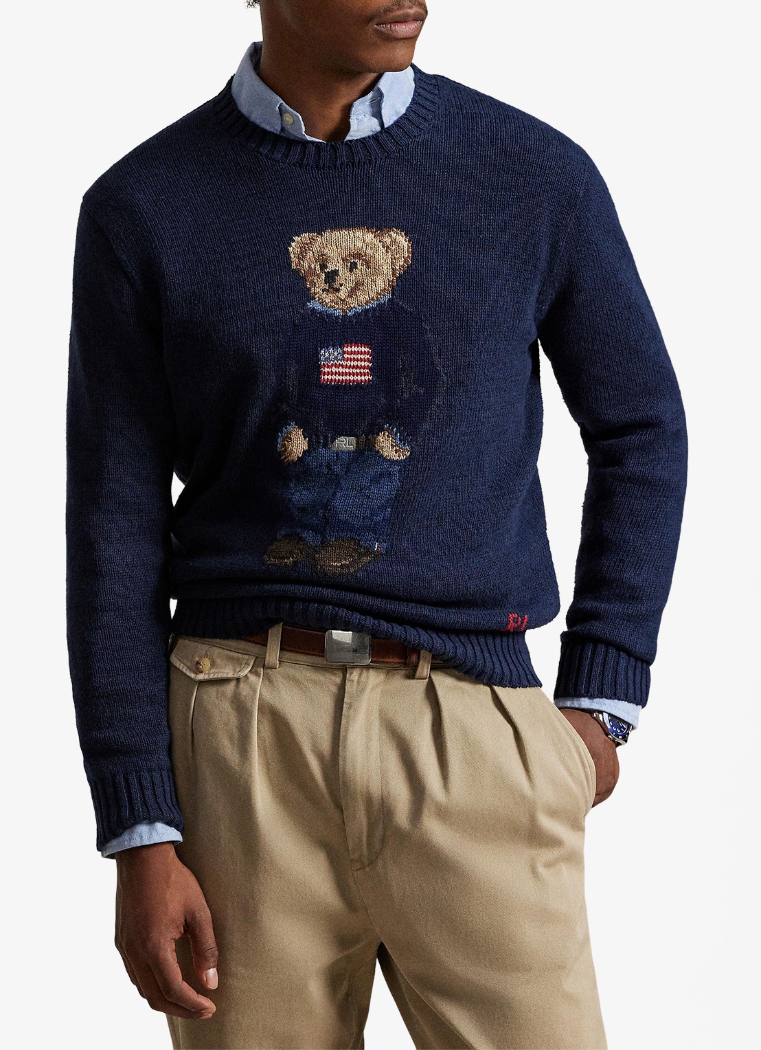 Ralph Lauren Grofgebreide trui in linnenblend met ingebreid logo - detail bear navy / donkerblauw