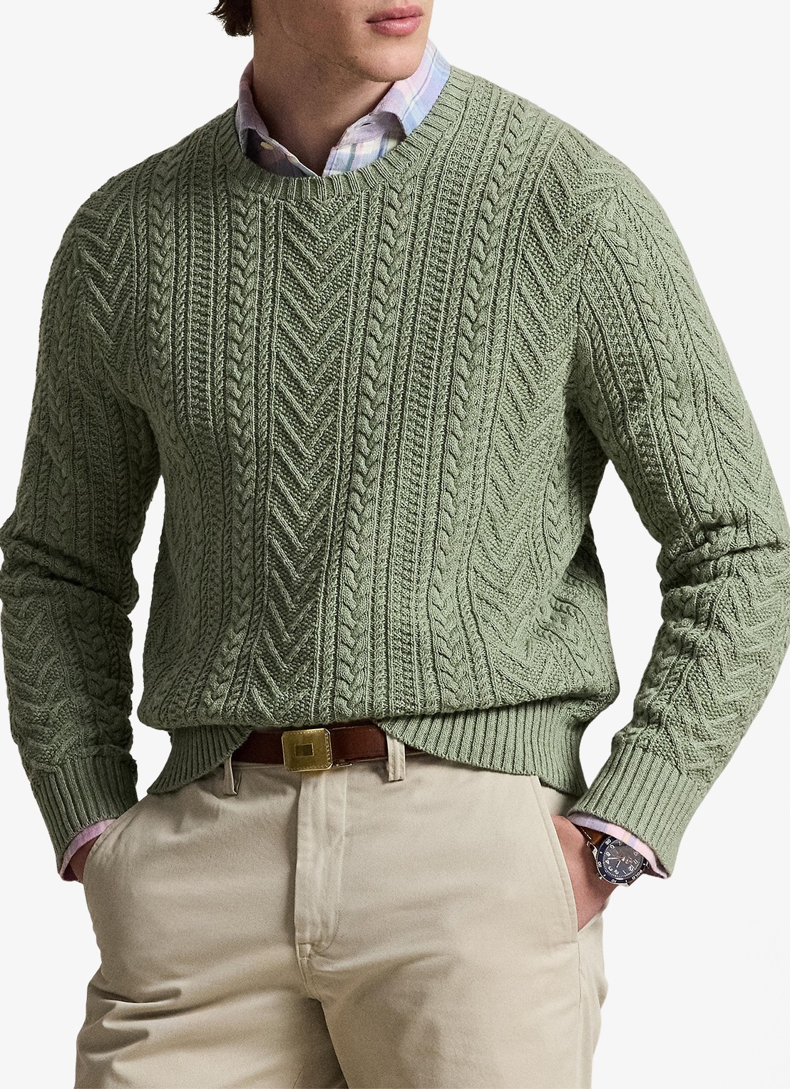 Ralph Lauren Grofgebreide trui in linnenblend - detail fern green combo / mosgroen