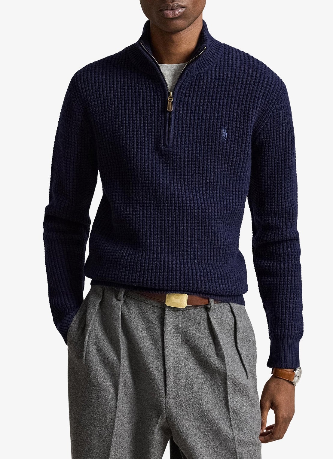 Ralph Lauren Grofgebreide trui in wolblend met halve rits - voorkant 3 hunter navy / donkerblauw