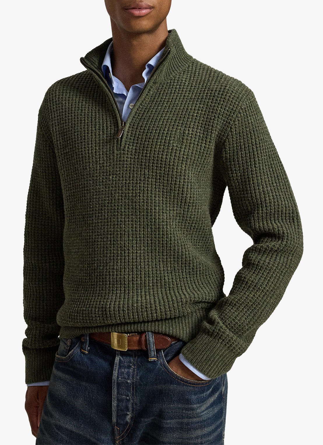 Ralph Lauren Grofgebreide trui in wolblend met halve rits - voorkant 5 olive shrub heather-zxqg / groen