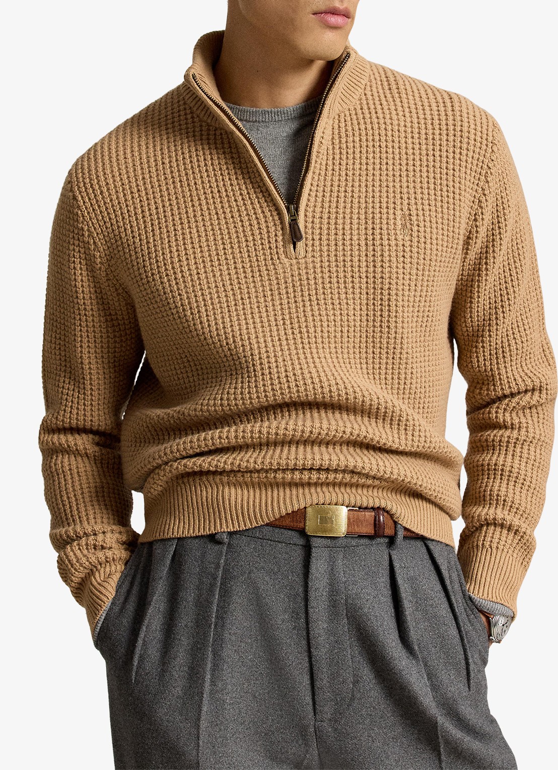 Ralph Lauren Grofgebreide trui in wolblend met halve rits - voorkant 5 new camel melange-22rw / beige