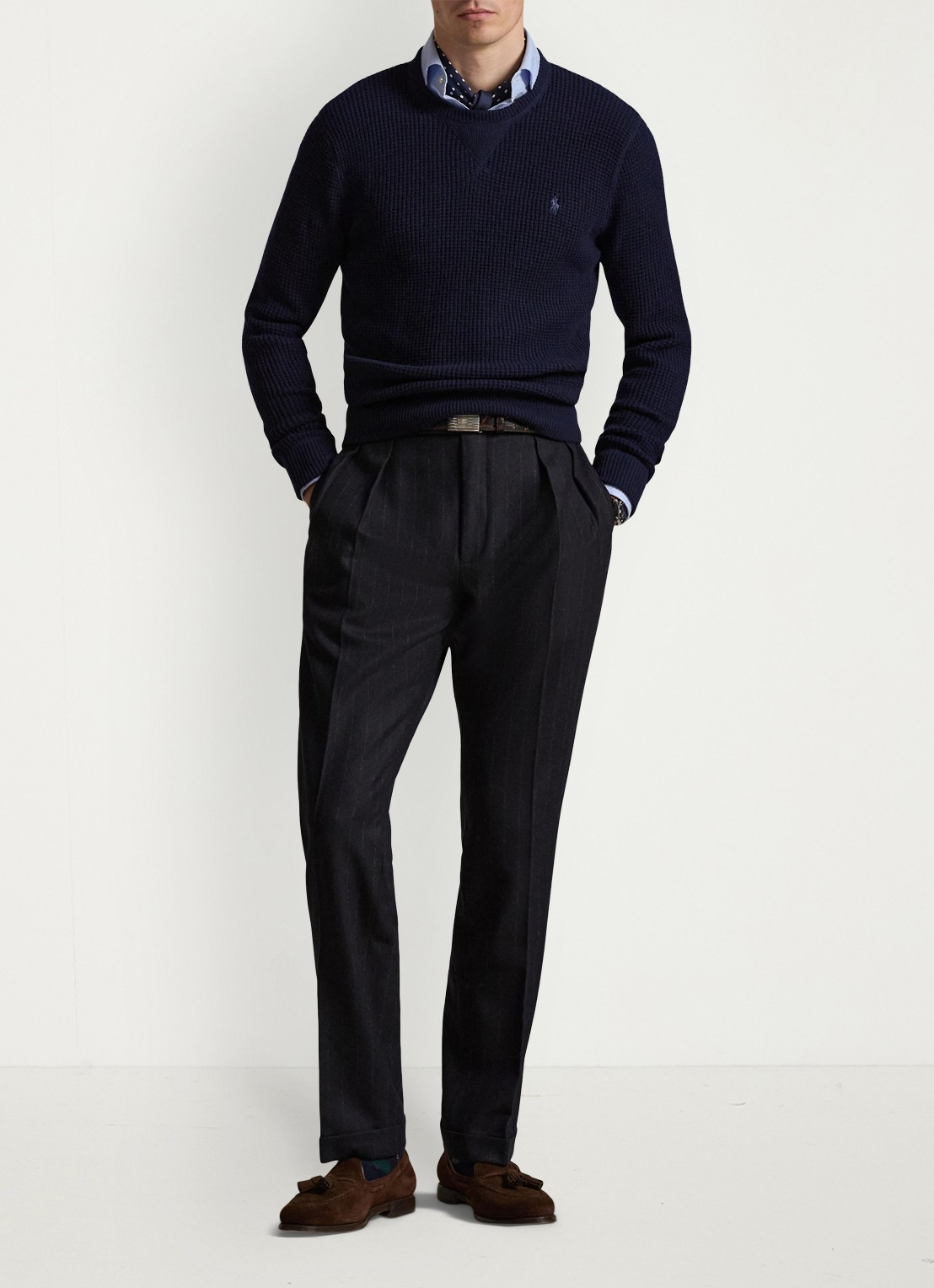 Ralph Lauren Grofgebreide trui in wolblend met logoborduring - voorkant 5 hunter navy / donkerblauw