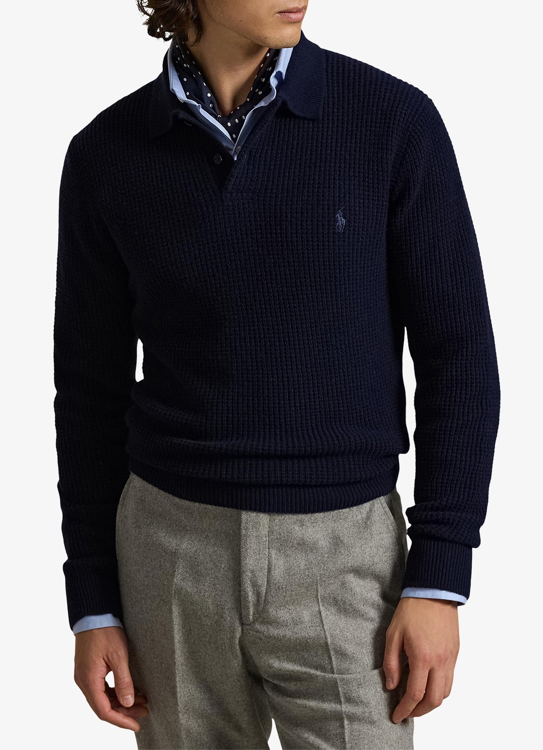 Ralph Lauren Grofgebreide trui in wolblend met polokraag - detail 4 blauw