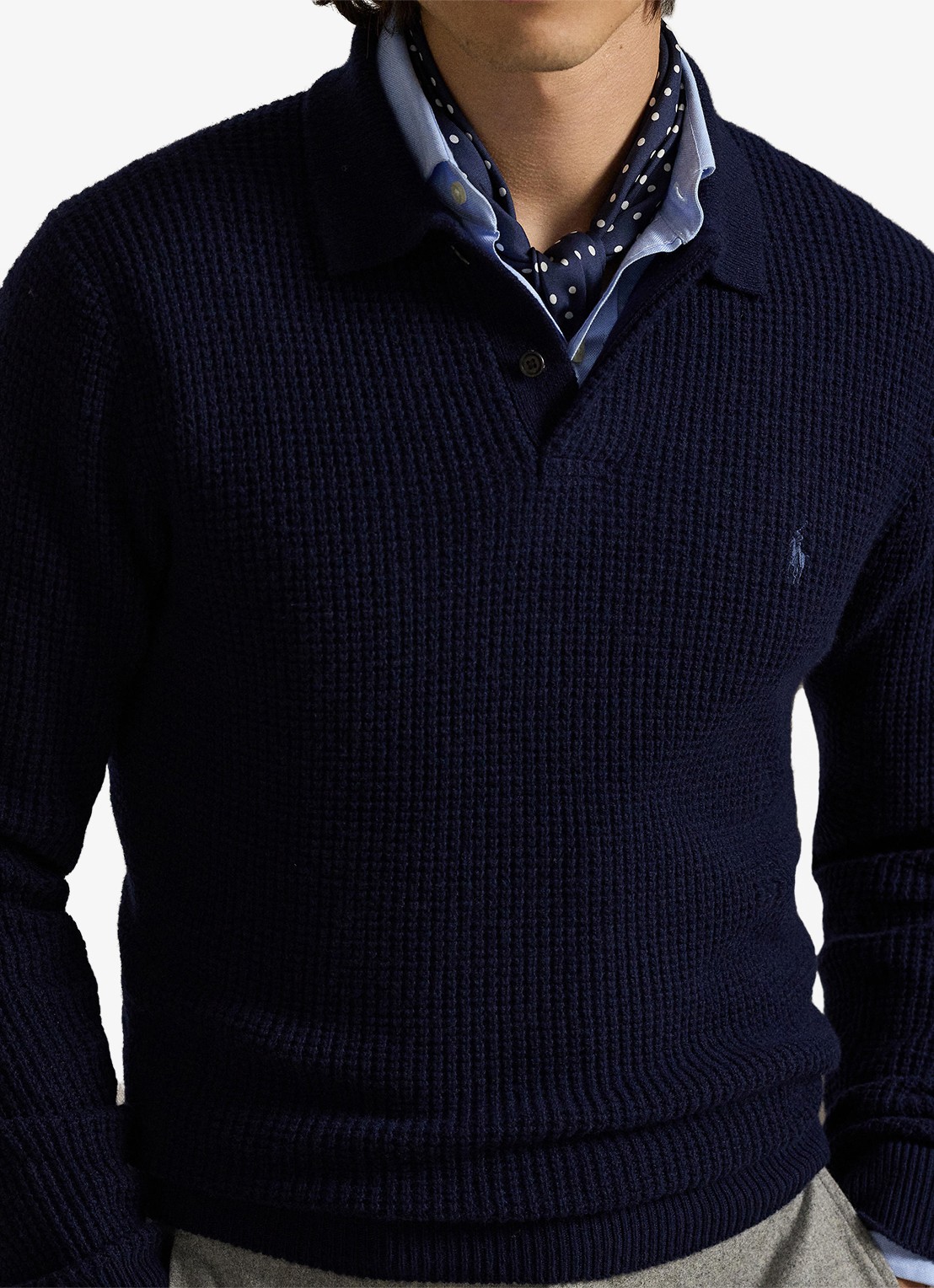 Ralph Lauren Grofgebreide trui in wolblend met polokraag - detail 5 blauw