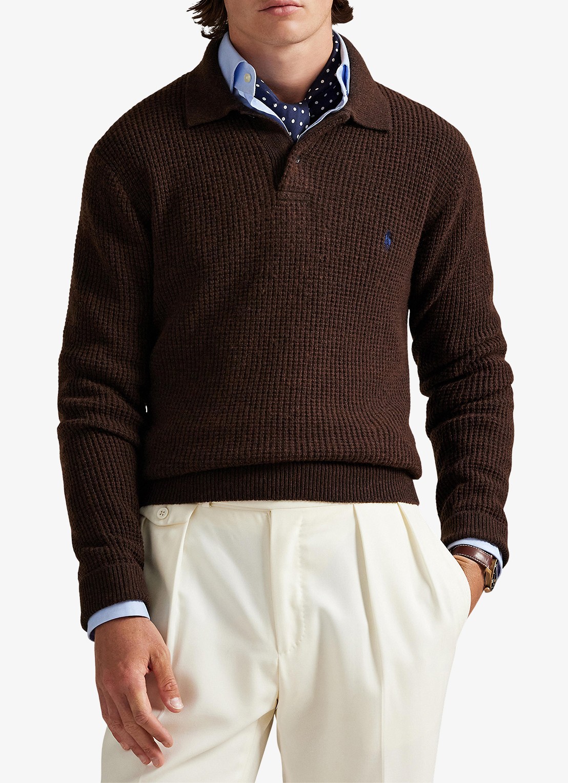 Ralph Lauren Grofgebreide trui in wolblend met polokraag - detail 3 cocao brown heather / donkerbruin
