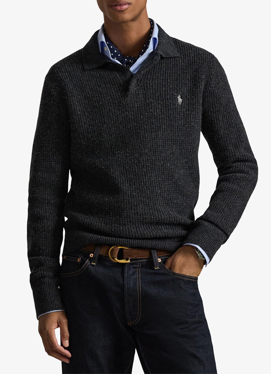 Ralph Lauren Grofgebreide trui in wolblend met polokraag - detail 4 dark granite heather / donkergrijs