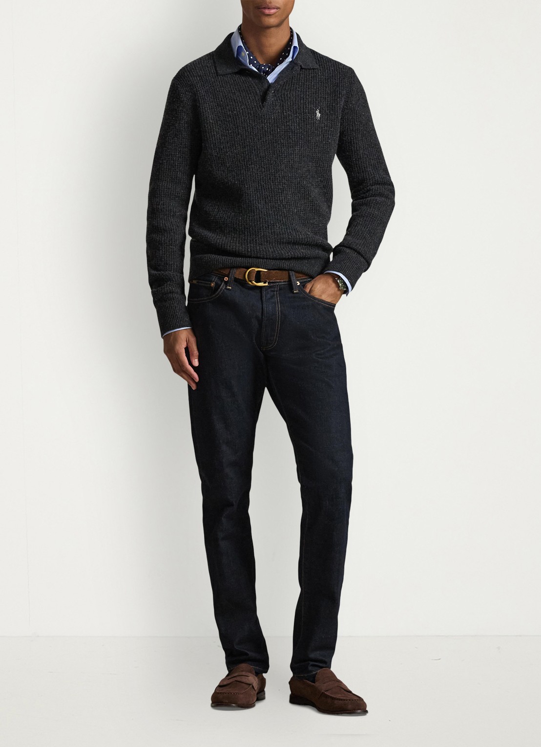 Ralph Lauren Grofgebreide trui in wolblend met polokraag - voorkant 3 dark granite heather / donkergrijs