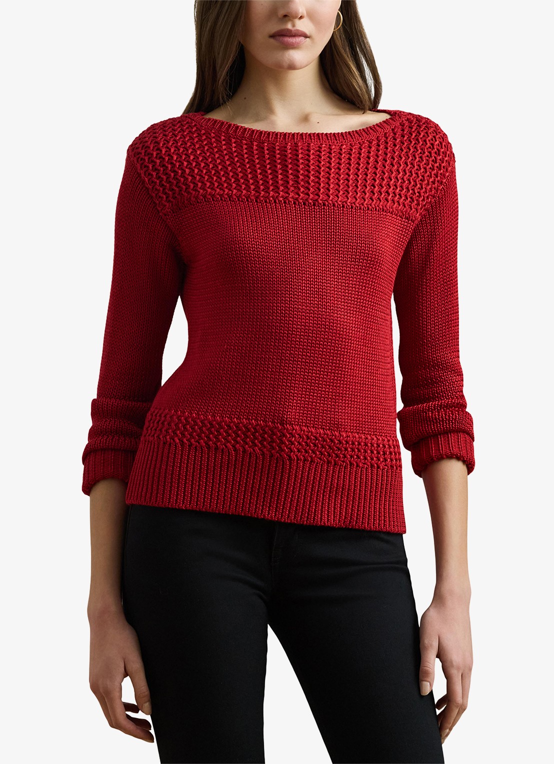 Ralph Lauren Grofgebreide trui met boothals - detail 3 madison red / rood