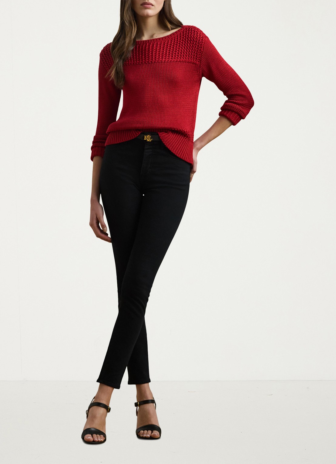 Ralph Lauren Grofgebreide trui met boothals - voorkant 2 madison red / rood