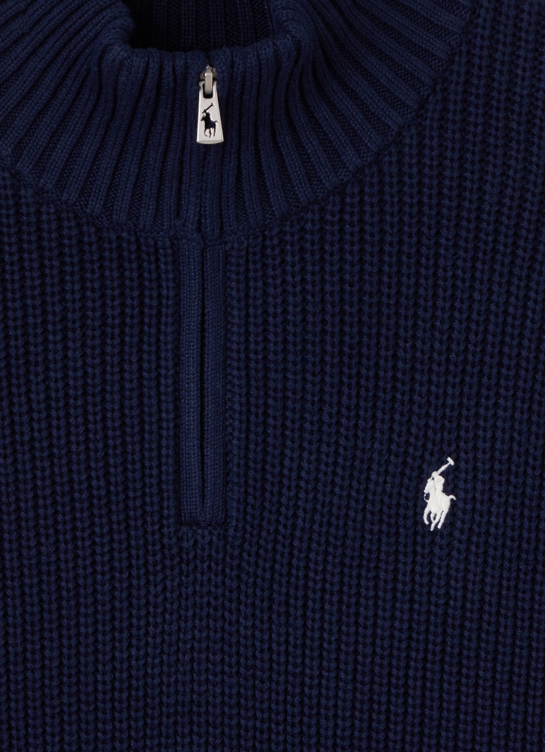 Ralph Lauren Grofgebreide trui met halve rits - detail donkerblauw