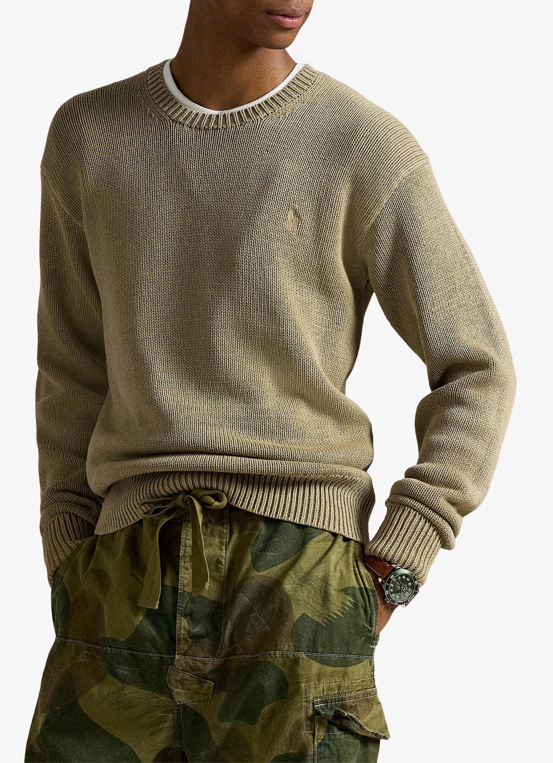 Ralph Lauren Grofgebreide trui met logoborduring - voorkant 5 surrey tan / beige