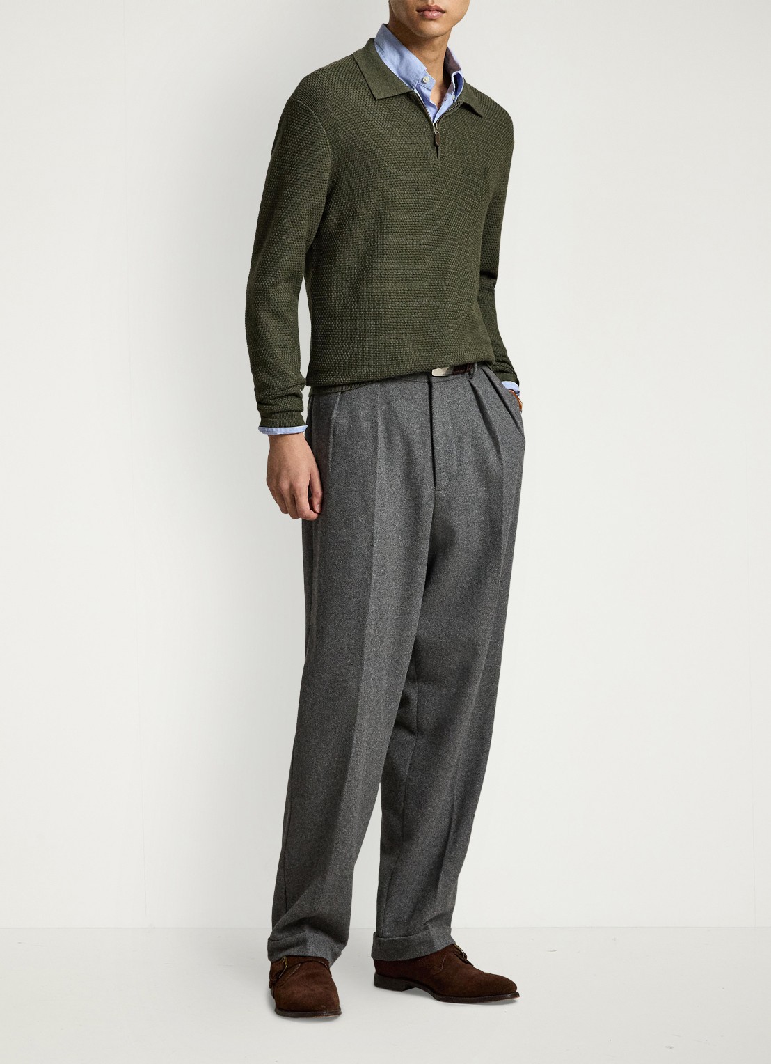 Ralph Lauren Grofgebreide trui van wol met halve rits - detail cargo olive heather / olijfgroen