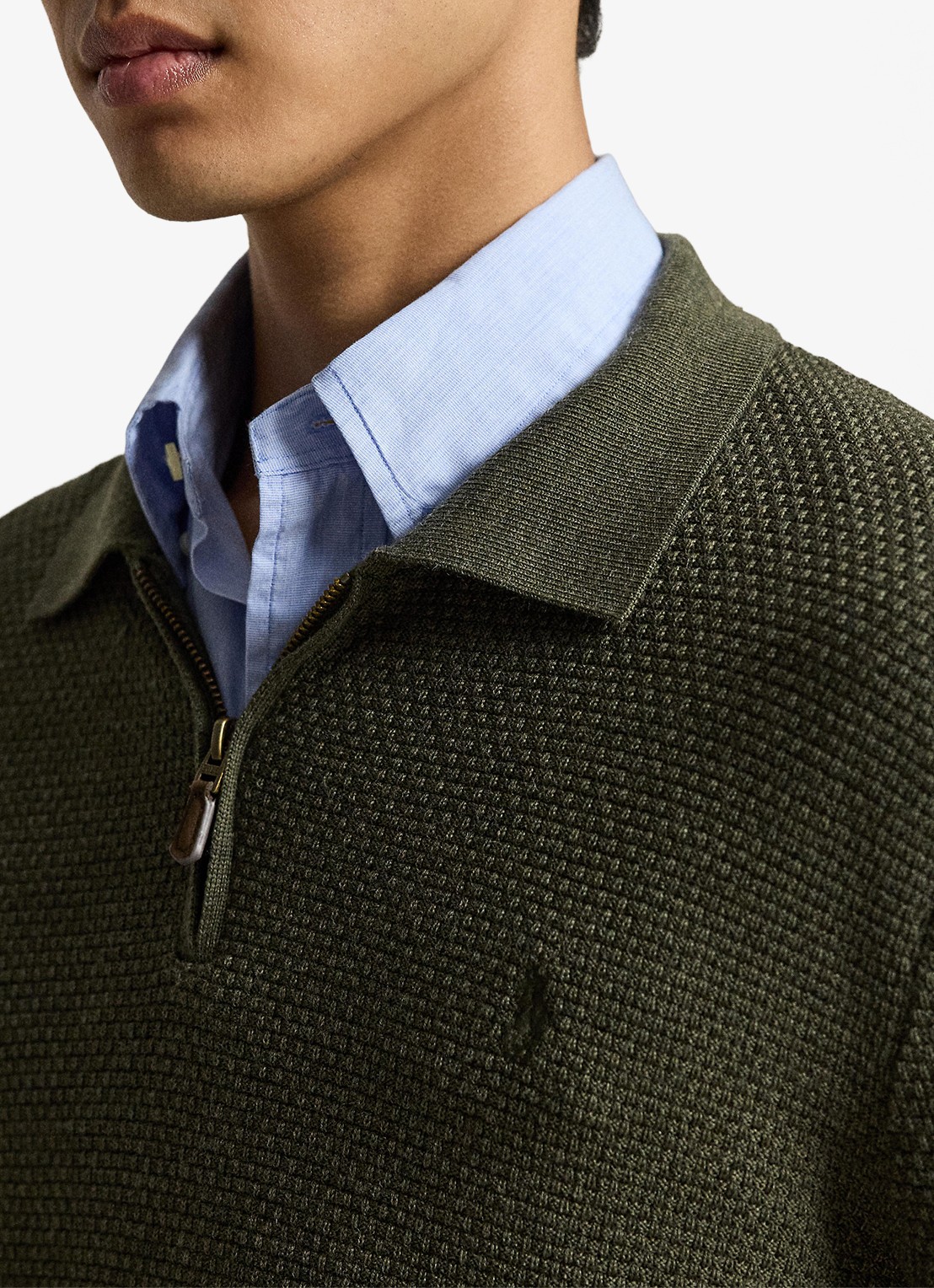 Ralph Lauren Grofgebreide trui van wol met halve rits - detail 2 cargo olive heather / olijfgroen