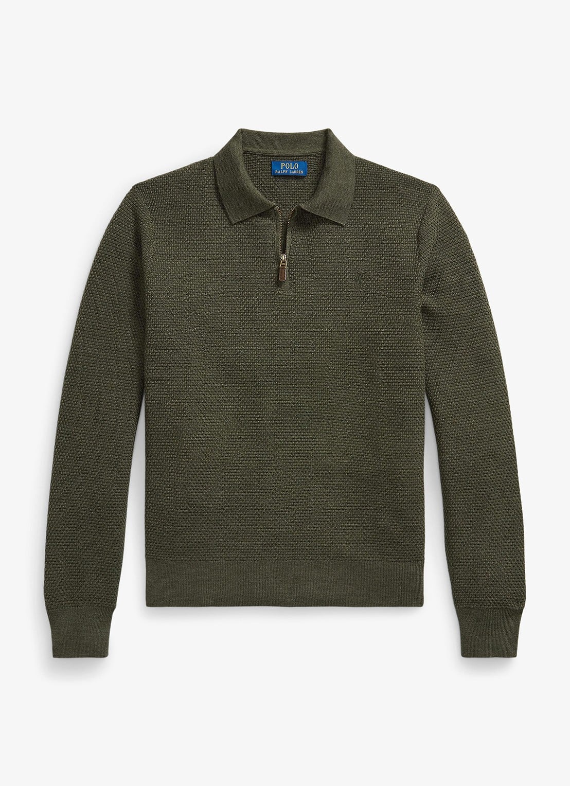 Ralph Lauren Grofgebreide trui van wol met halve rits - voorkant cargo olive heather / olijfgroen