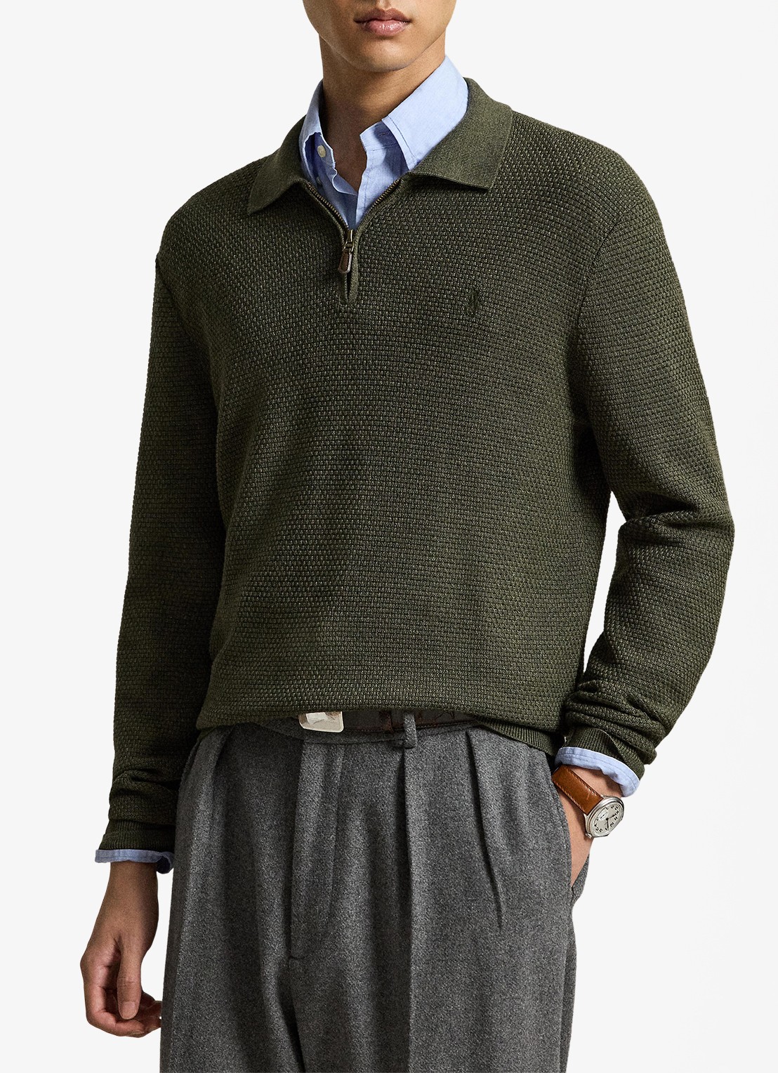 Ralph Lauren Grofgebreide trui van wol met halve rits - voorkant 4 cargo olive heather / olijfgroen