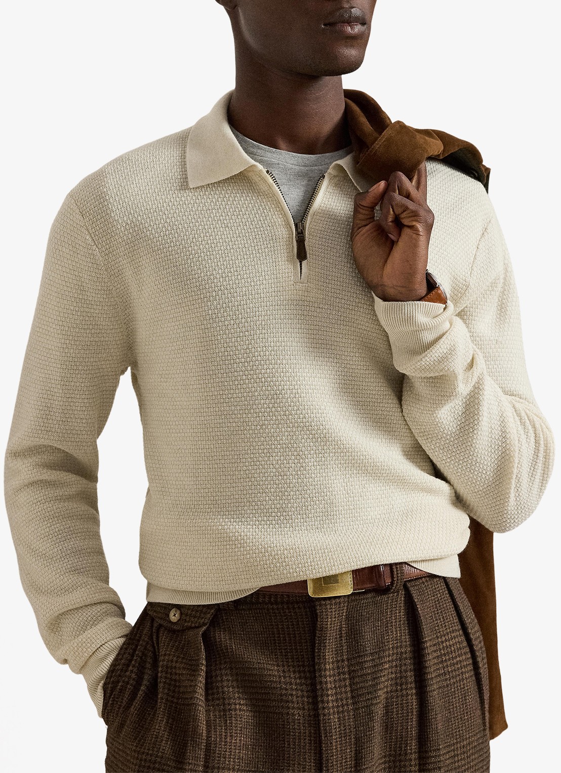 Ralph Lauren Grofgebreide trui van wol met halve rits - voorkant 2 trifle cream heather / crème